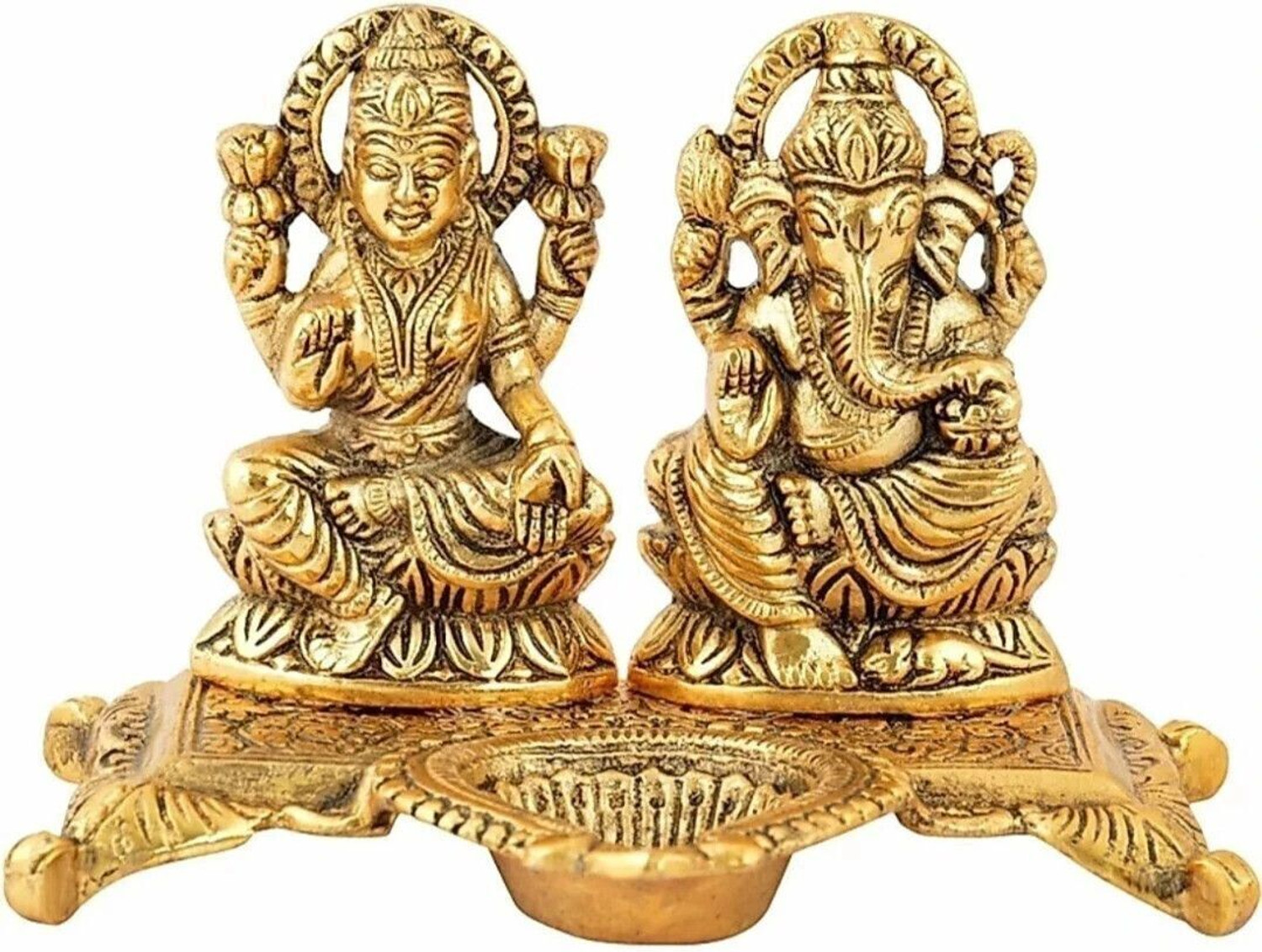 Image of eCraftzone Brass Statue /Murti /Figure Diya Lord Lakshmi Ganesha Set Size Decorative Showpiece - 10 cm (Brass, Gold)