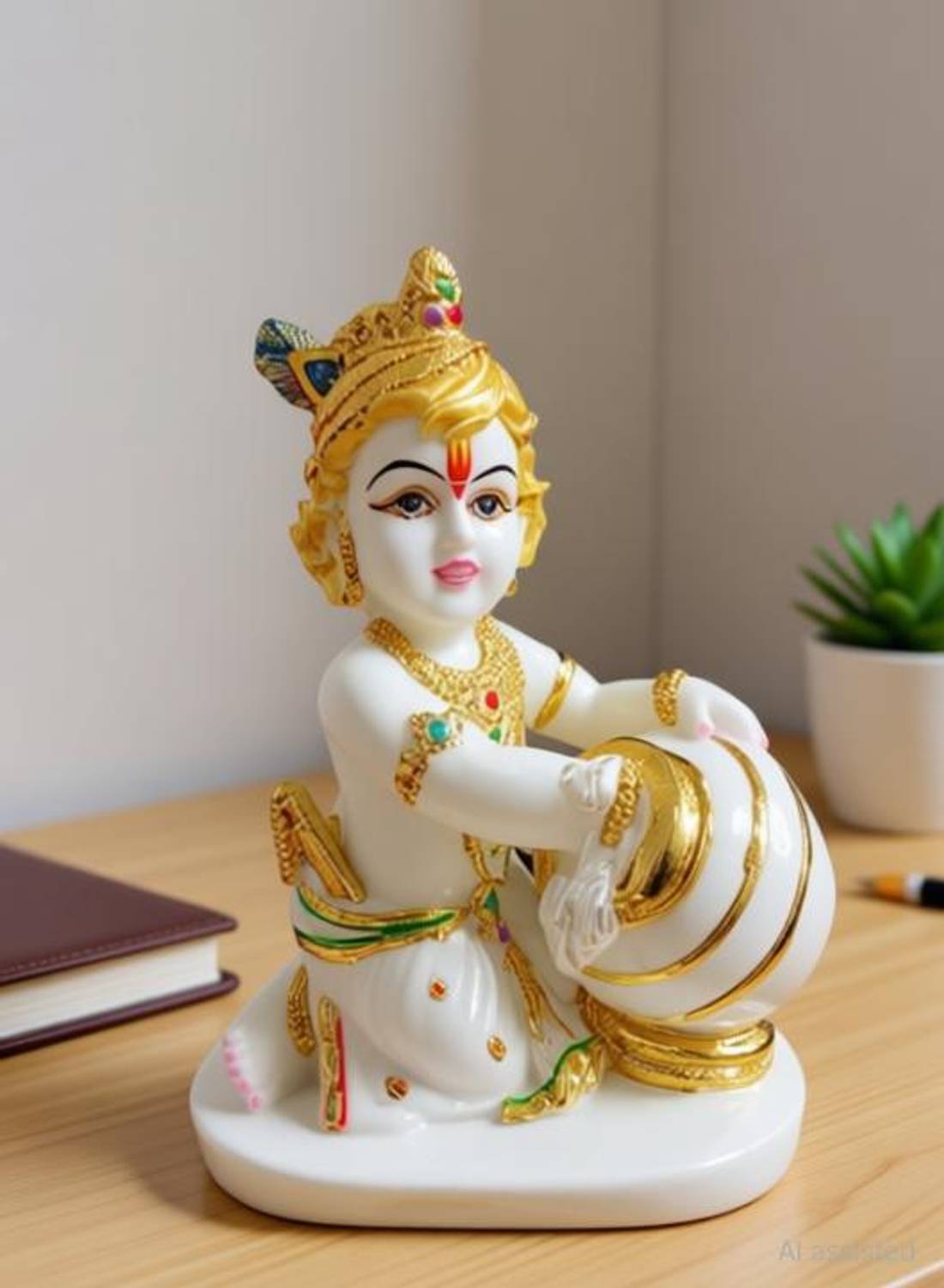 Amrah Handicraft Golden Foiled Resin Krishna Idol for Home and Office Decor Decorative Showpiece - 14 cm