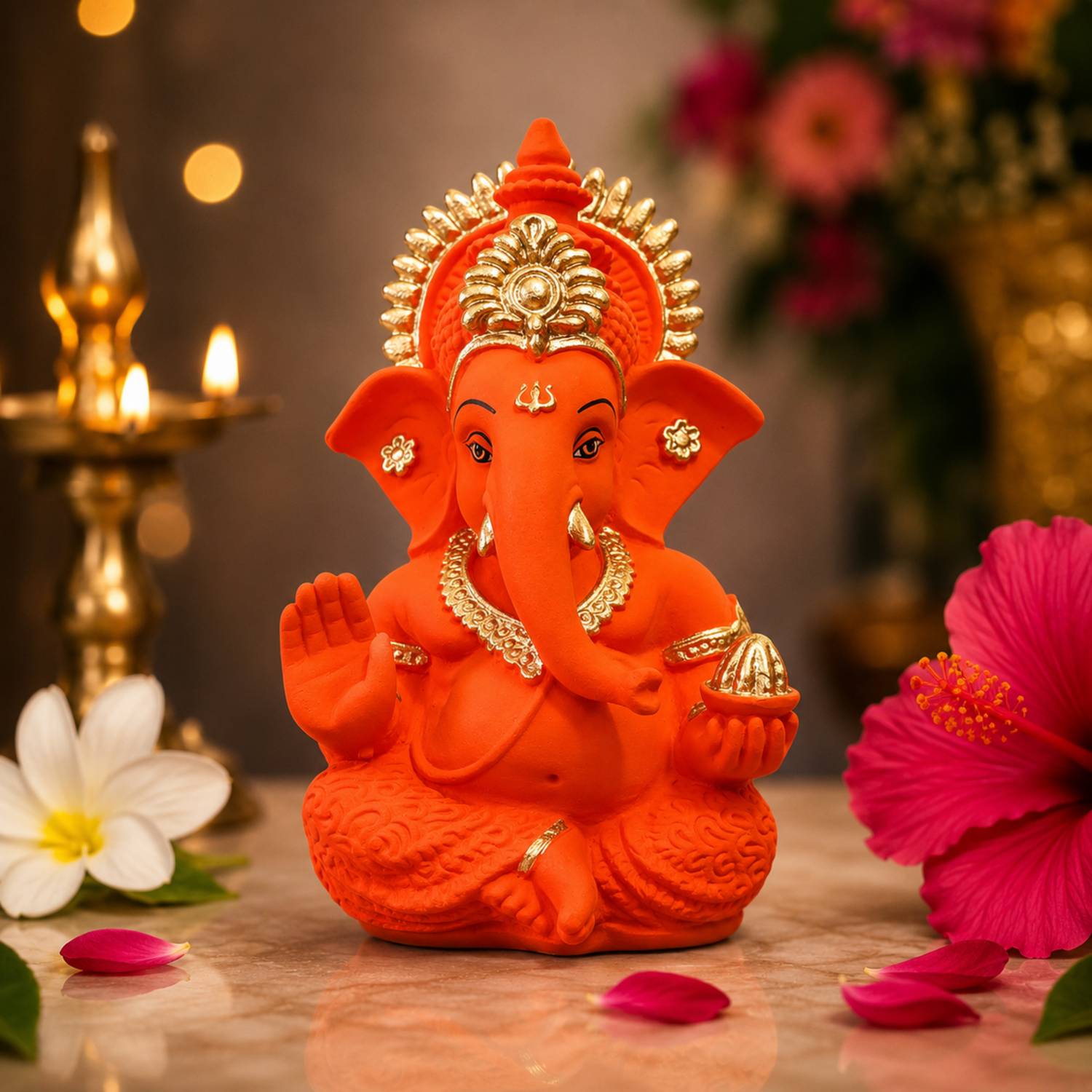 Idoflaura Orange Divine Dashboard Ganesha Decorative Showpiece  -  9 cm