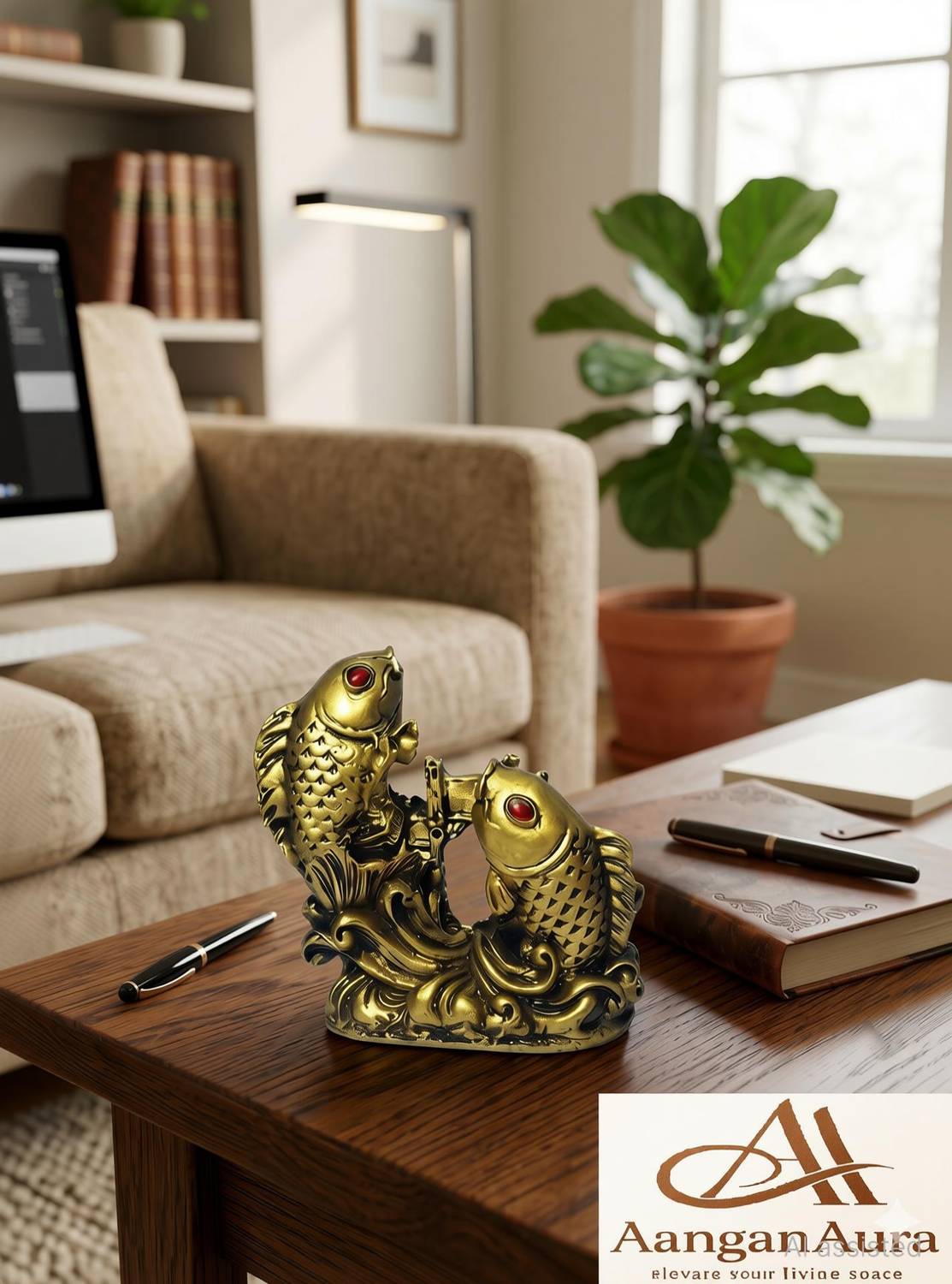 AanganAura Vastu Brass Fish Decorative Showpiece, Home Decor, Drawing Room, Office Table. Decorative Showpiece - 8 cm