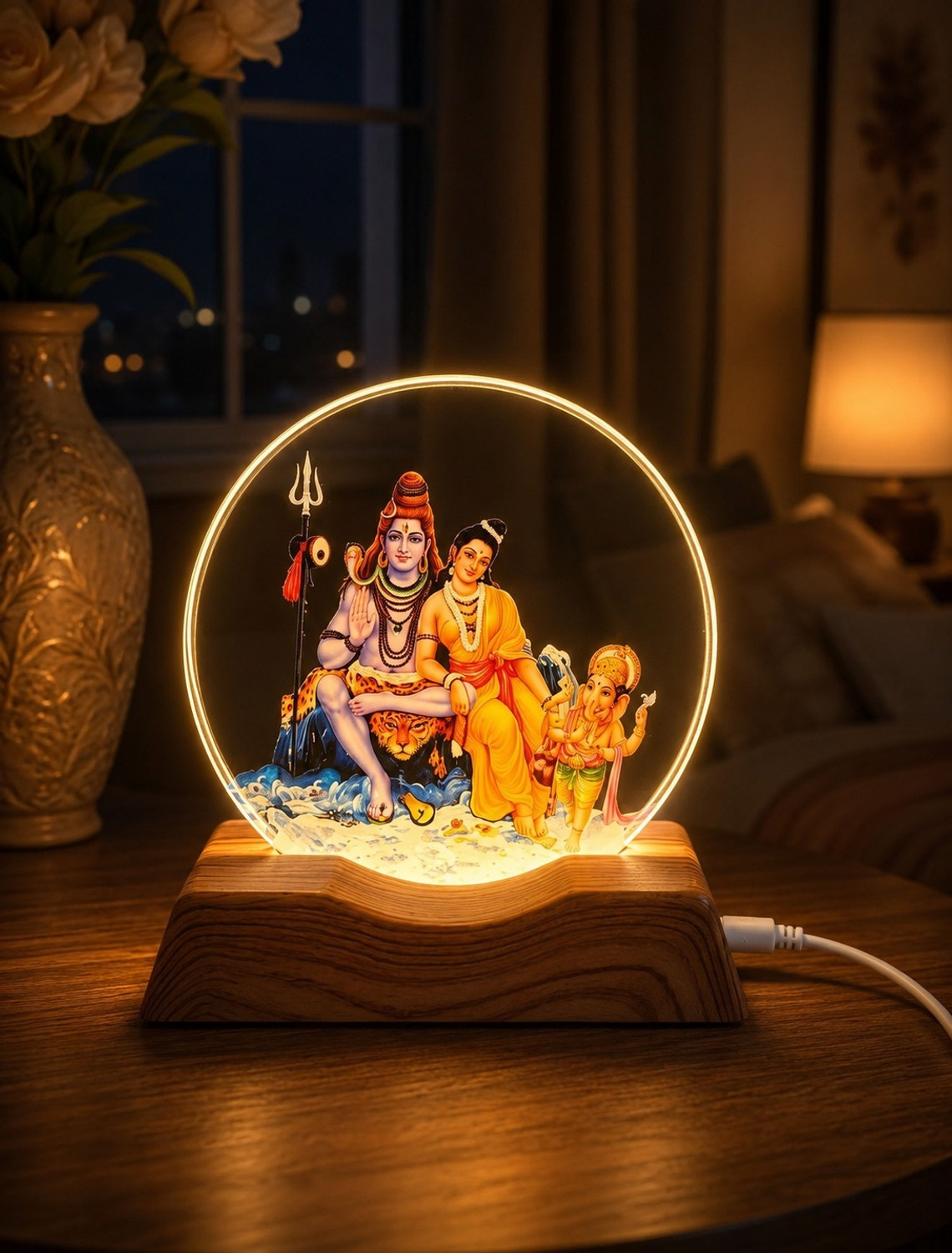 Image of shukaam 3D Shiva Parvati Ganesha LED Crystal Lamp | Mahadev Shiv Parivar Decorative Showpiece - 8 cm