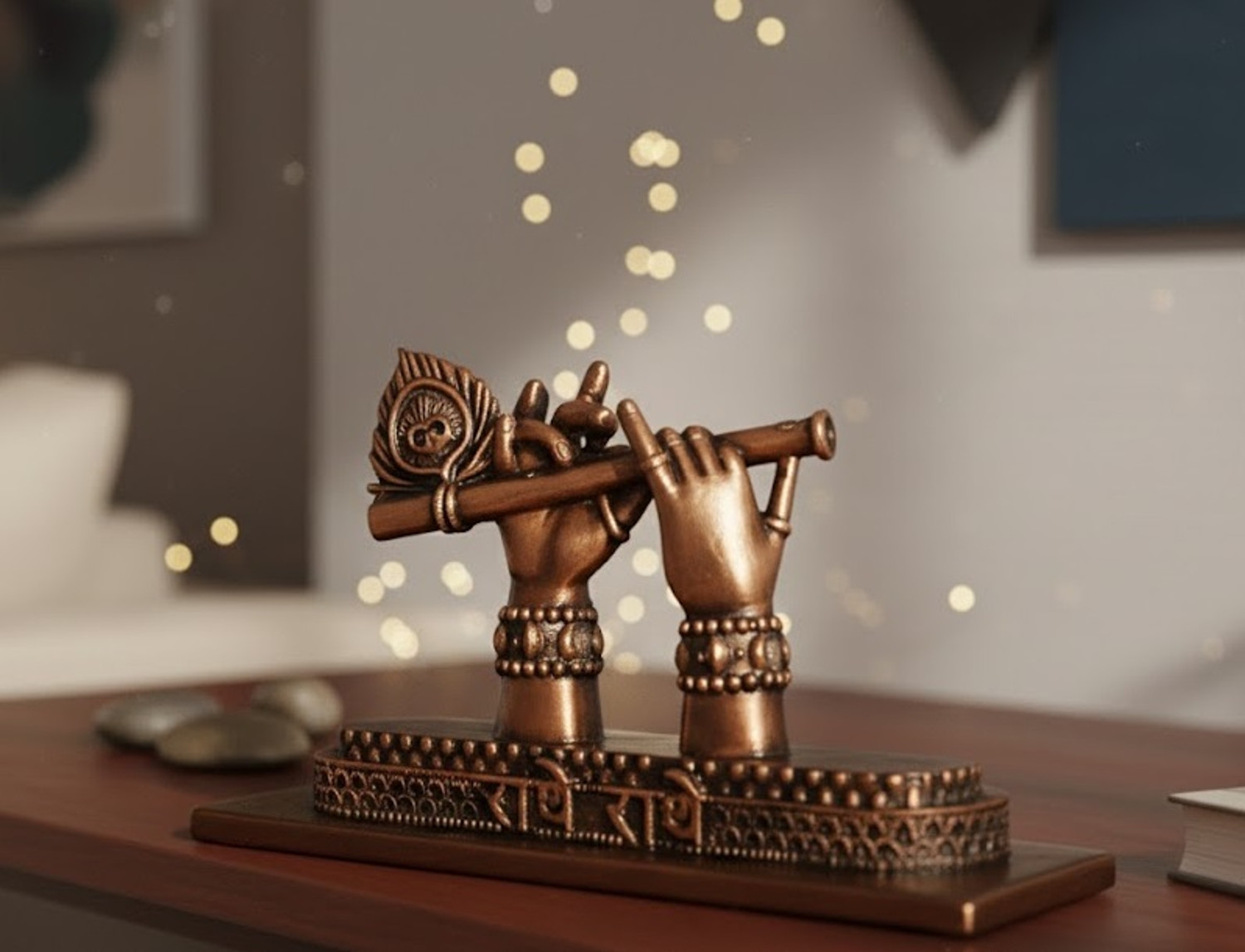 Image of Uniqon Radhey Radhey Krishna Hands Flute /Bansuri Morpankh Statue /Murti Figurines Stand Decorative Showpiece - 6 cm