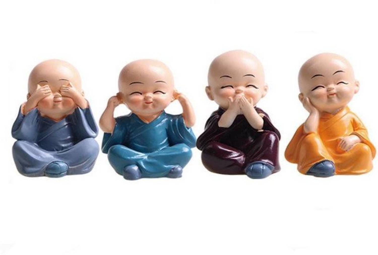 AEC Buddha Monk Statues Miniature Figurines Set Of 4 Small Car Decoration Decorative Showpiece - 4 cm