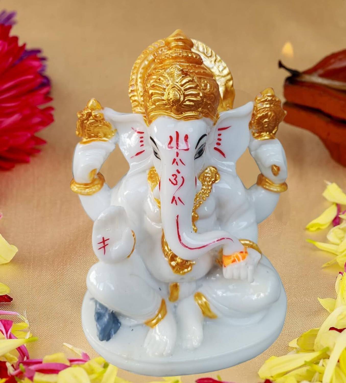 Rudram Arts Marble Finishing Ganesha Statue Ganesh Ganpati Idols for Home Office Decor Decorative Showpiece - 12 cm