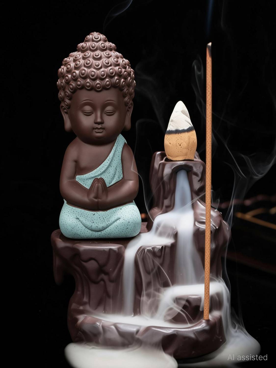 Beckonventure Handicrafted Meditating Monk Buddha Smoke Backflow incense burner with 10 Smoke Backflow Incense Cone in Incense Sticks|smoke fountain|buddha smoke fountain|Smoke waterfall fountain | Home Decor showpiece|table decorations items| handicraft items in Showpieces & Figurines|decorative items |Buddha Statue for Car Dashboard, Gifts And Home |Statues|statue for car|statue of gods| Showpiece gift sets| Showpiece & Figurnies |Showpieces in home| Decorative Showpiece  -  12 cm