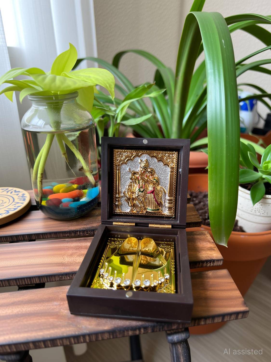 Averiq Gifts Golden Radha Krishna Idol with Charan Paduka Box Decorative Showpiece  -  7.5 cm