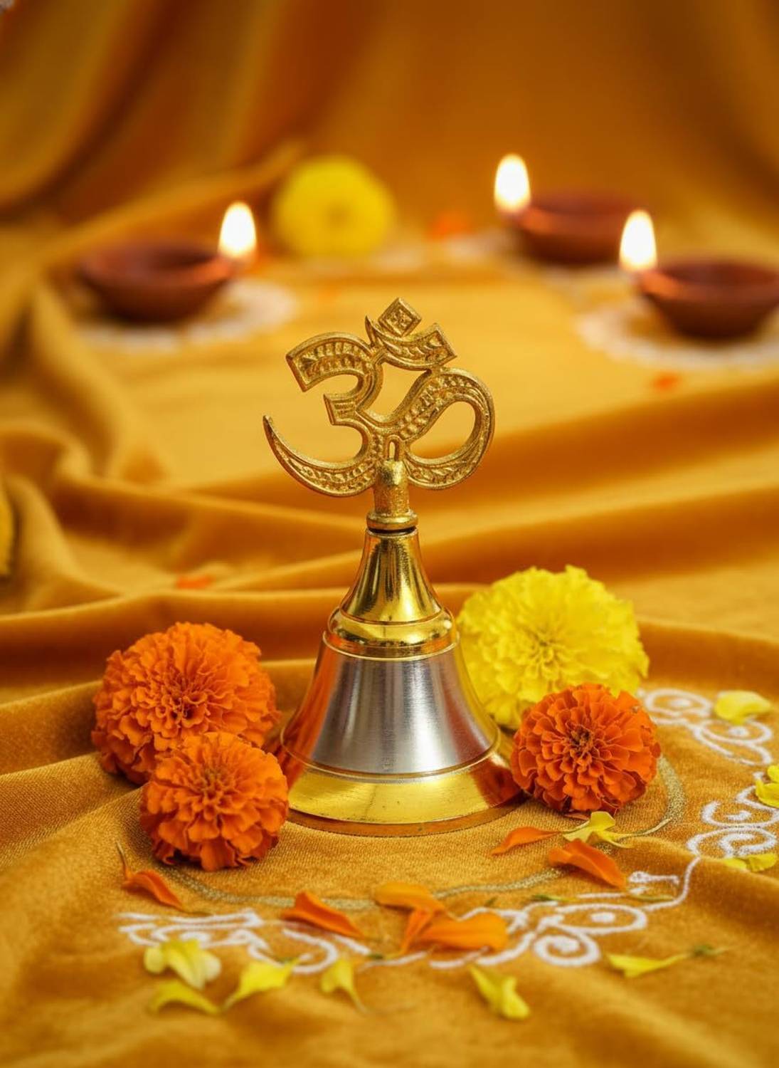 Astorez OM Pooja Bell for Temple Brass Hand Bell for Prayer Room Worship Decorative Showpiece - 5 cm