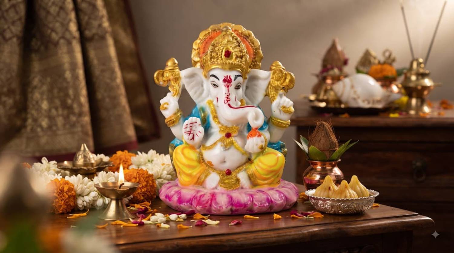 SAPTAMBU Handcrafted Small Polyresin Ganpati Idol /Lord Ganesha Statue for Home Temple Decorative Showpiece - 7 cm