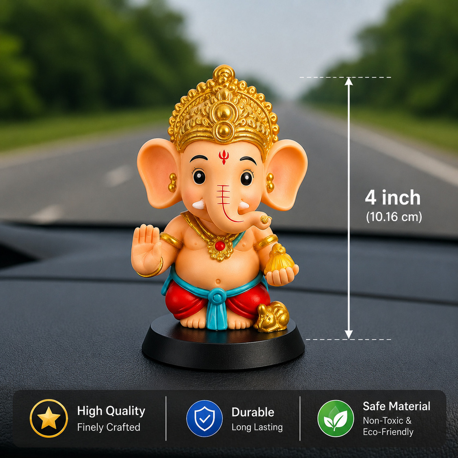 Image of Tendyzonal Tendyzonal GANESH Decorative Showpiece & Car Dashboard - 11 cm (Plastic, Gold) Decorative Showpiece - 11 cm