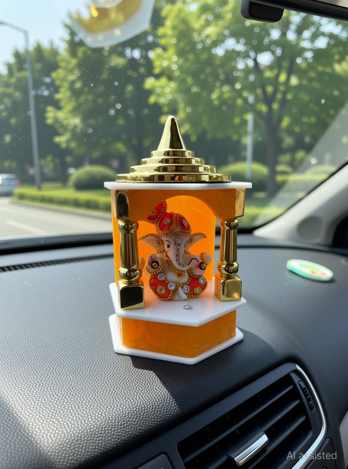 TAG ON Ganesh Ji Idol Golden Car Mandir For Home & Temple & Office & Car Dashboard Decorative Showpiece - 5.5 cm