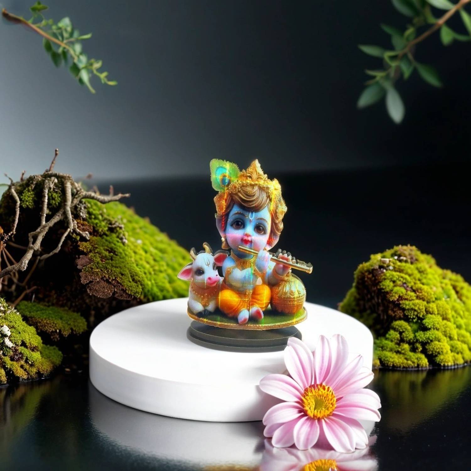 Adhvik Mdf Cutout Bal Krishna/kahna/kanhaiya with Calf 2d Wooden Sticker Car Decorative Showpiece - 9.5 cm