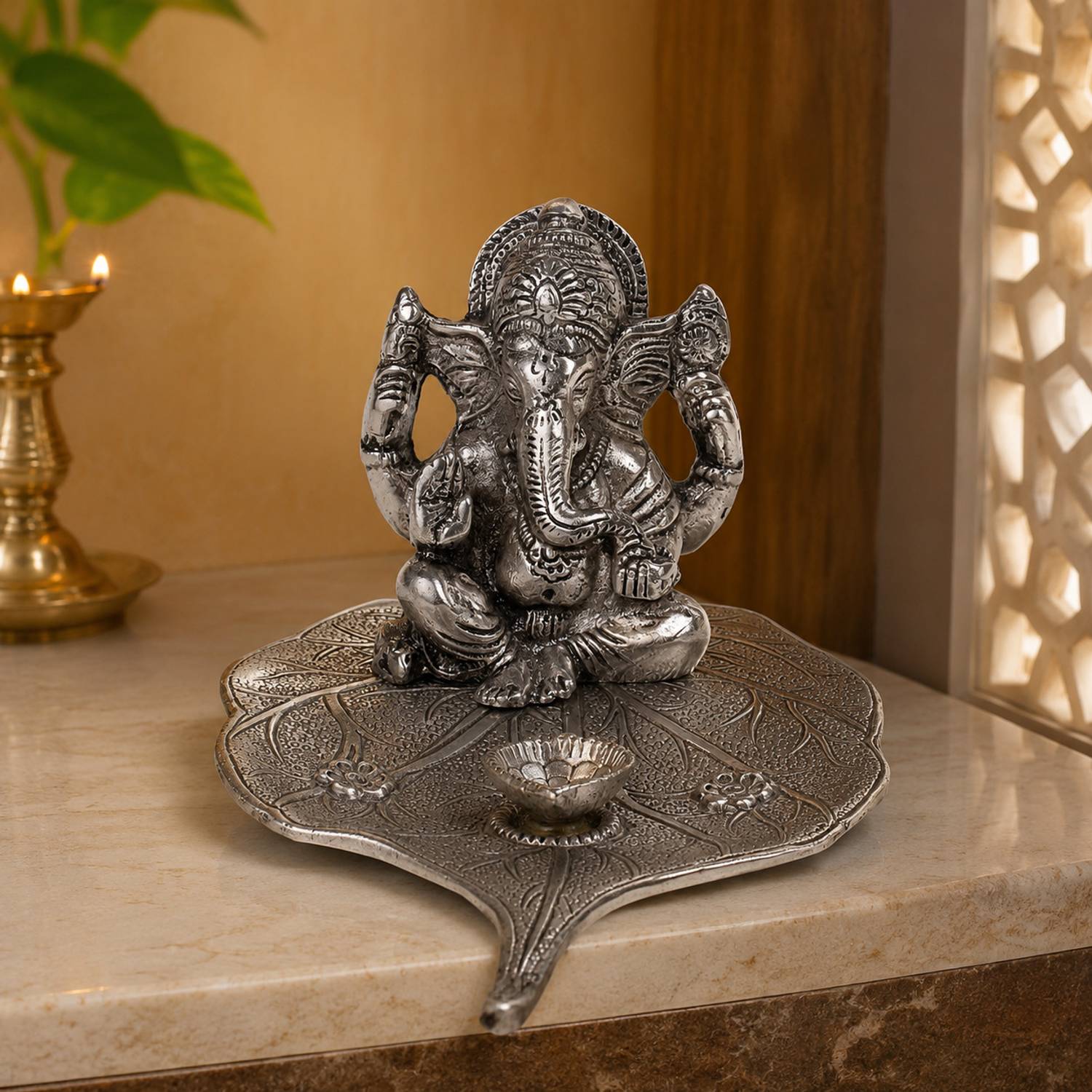 DreamKraft Silver Ganesh Idol with Diya Holder White Metal Ganesha Statue for Pooja Room Decorative Showpiece - 15 cm