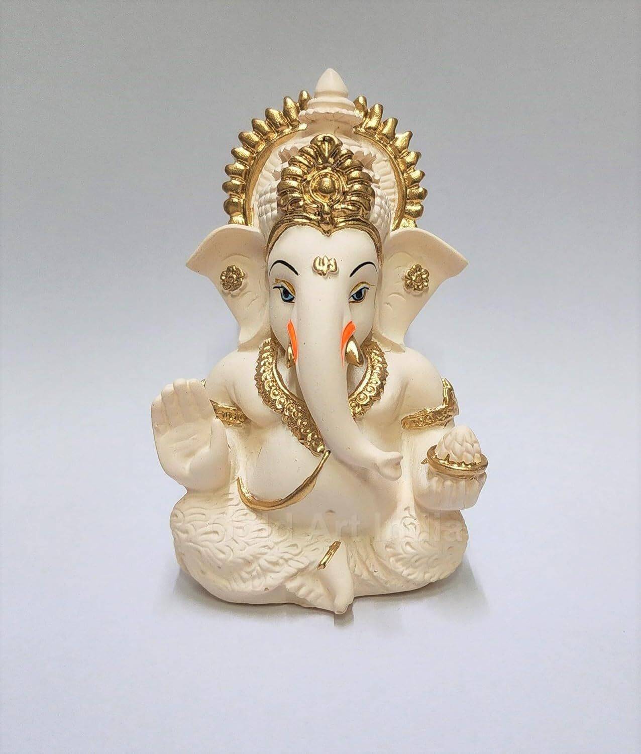 PujaGhar Peach Ivory Ganesha Idol for Car Dashboard, Home Decor, Puja, Ganpati Murti Gift Decorative Showpiece - 8.9 cm