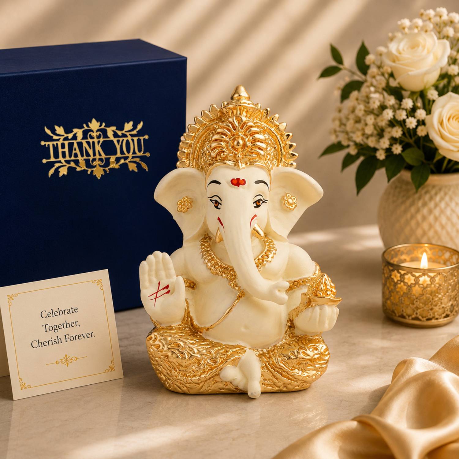 STARLIGHT Resin Ganpati Idol Cream, Gold Plated, Velvet Box, Bag & For Thanks Giving Decorative Showpiece - 5 cm