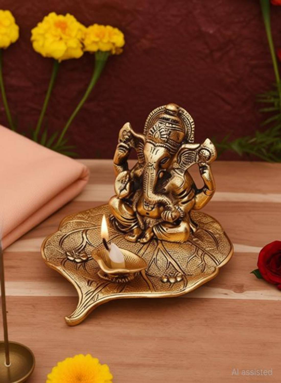 tskutty LEAF GANESHA DIYA/ GANESHA DEEPAM LEAF / GANPATI DEEPA DHIYA Decorative Showpiece - 10 cm