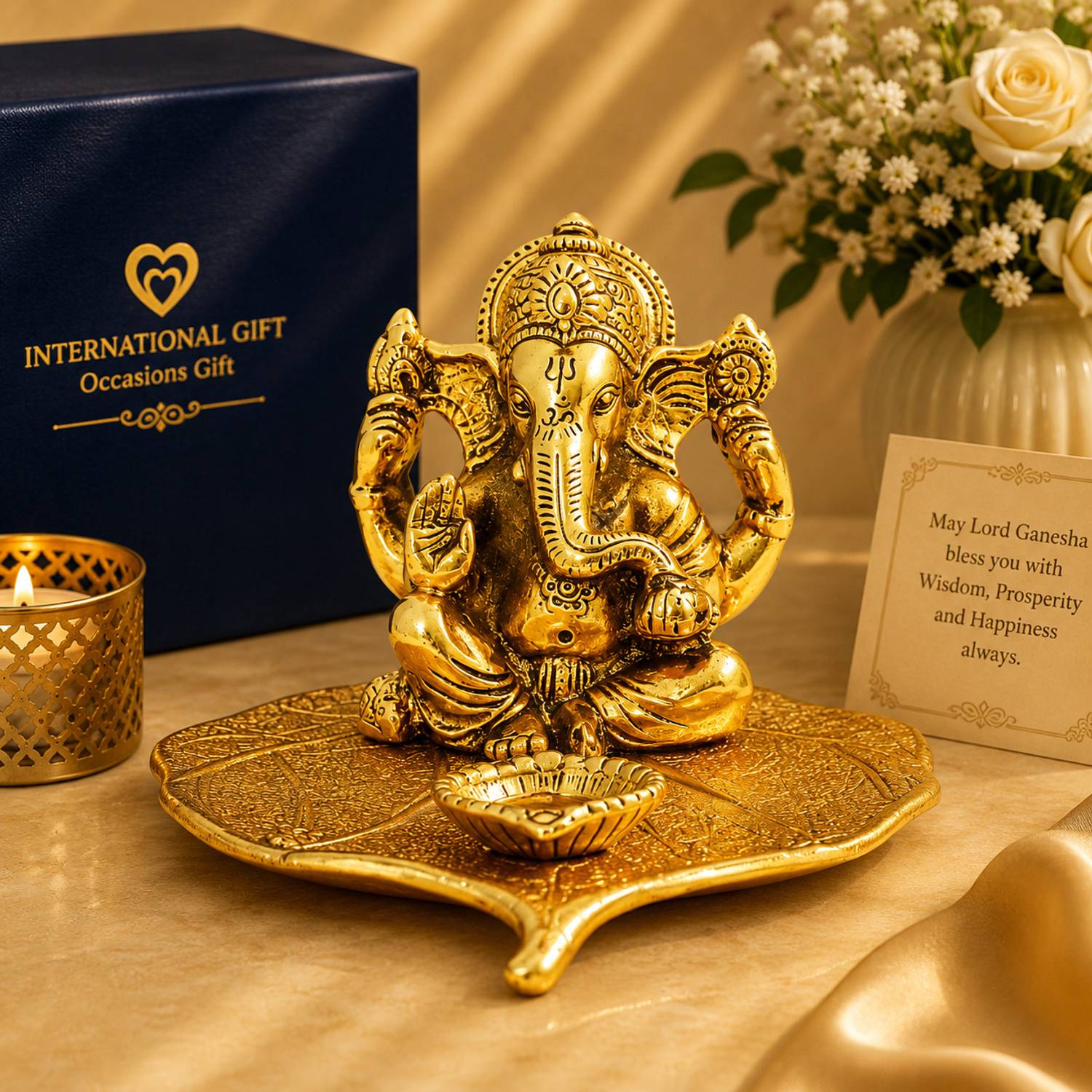 STARLIGHT Gold Finish Vinayaka Patta Ganpati with Plain Velvet Box Decorative Showpiece - 7 cm