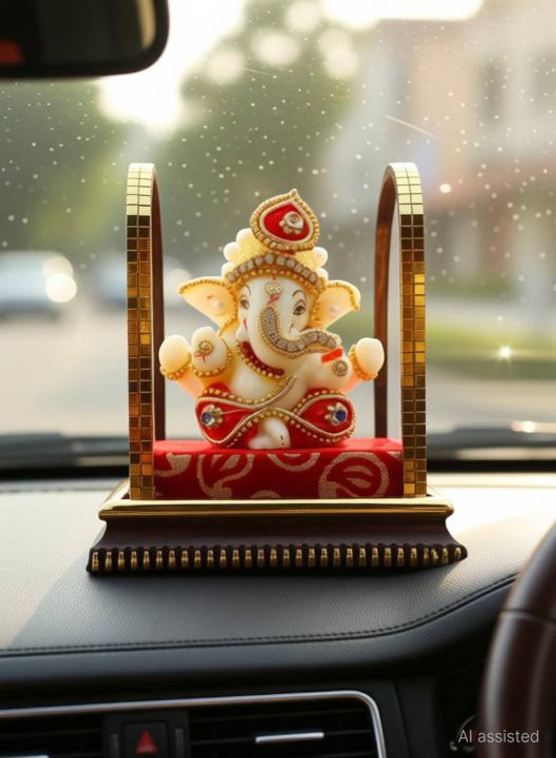 TAG ON Lord Ganesha Golden Finish Cabinet Idol Showpiece for Car Dashboard Decorative Showpiece - 11 cm