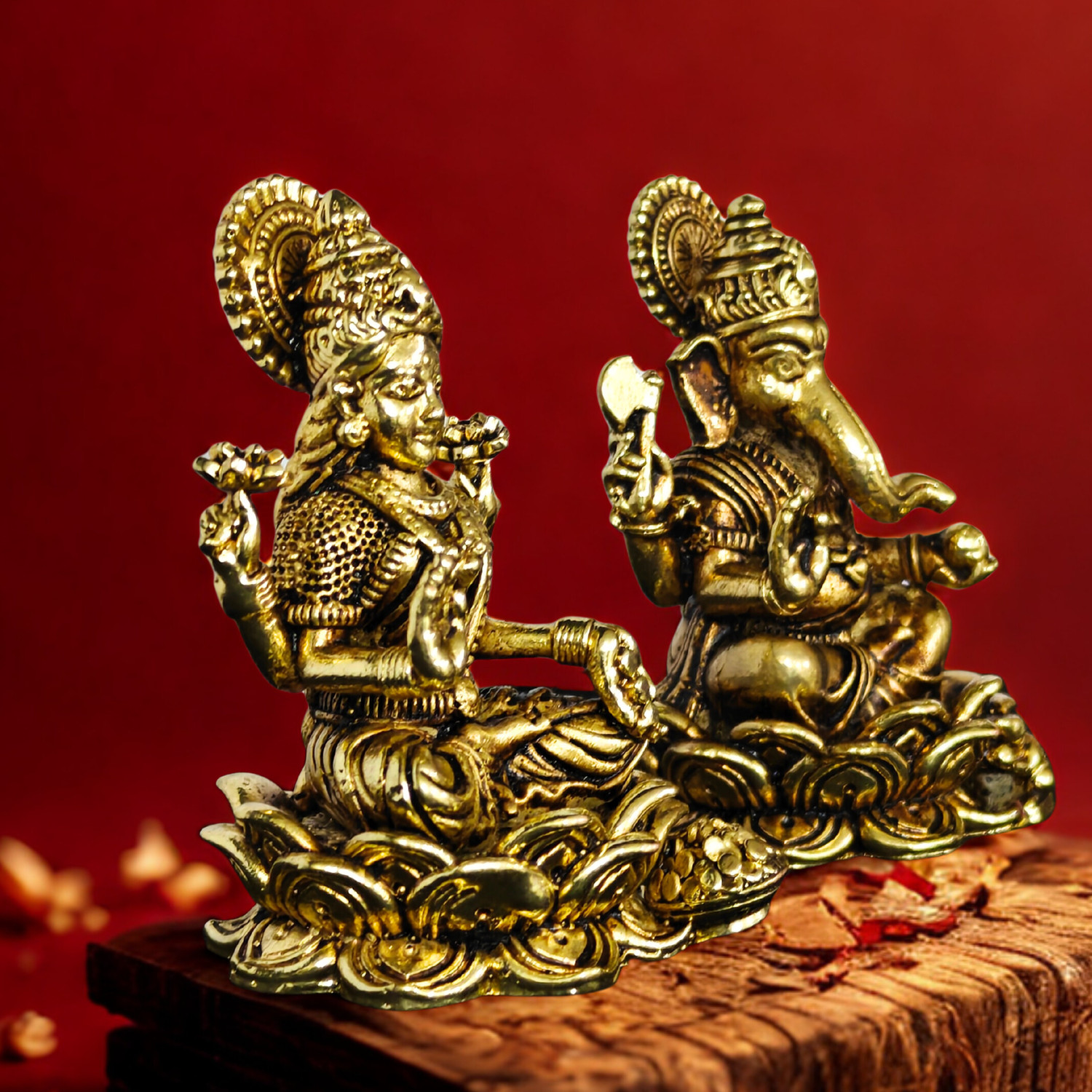 Image of Craftcart Lakshmi Ganesh Brass Idol | Wax Cast & Lightweight | 100% Brass | w: 180g | Decorative Showpiece - 7 cm