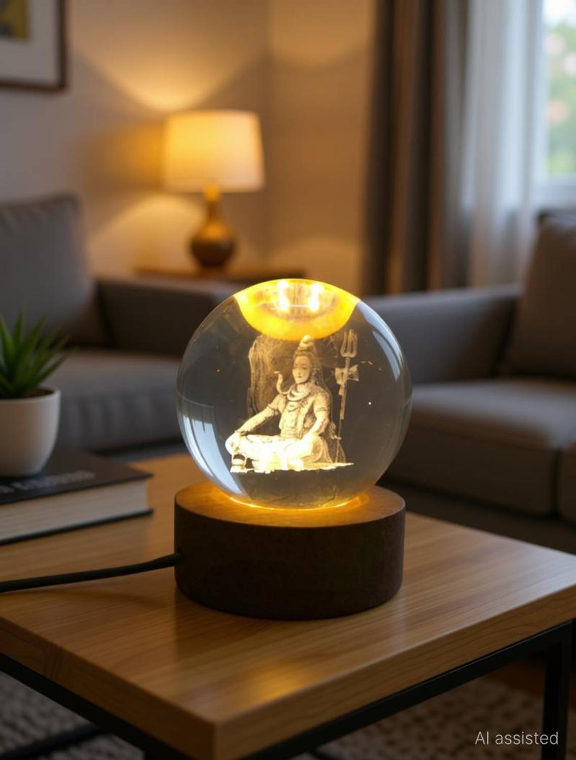 BRASS BLESSING Lord SHIVA Crystal Glass Ball Light 3D Nightlight Wooden LED (2784) Decorative Showpiece  -  4 cm