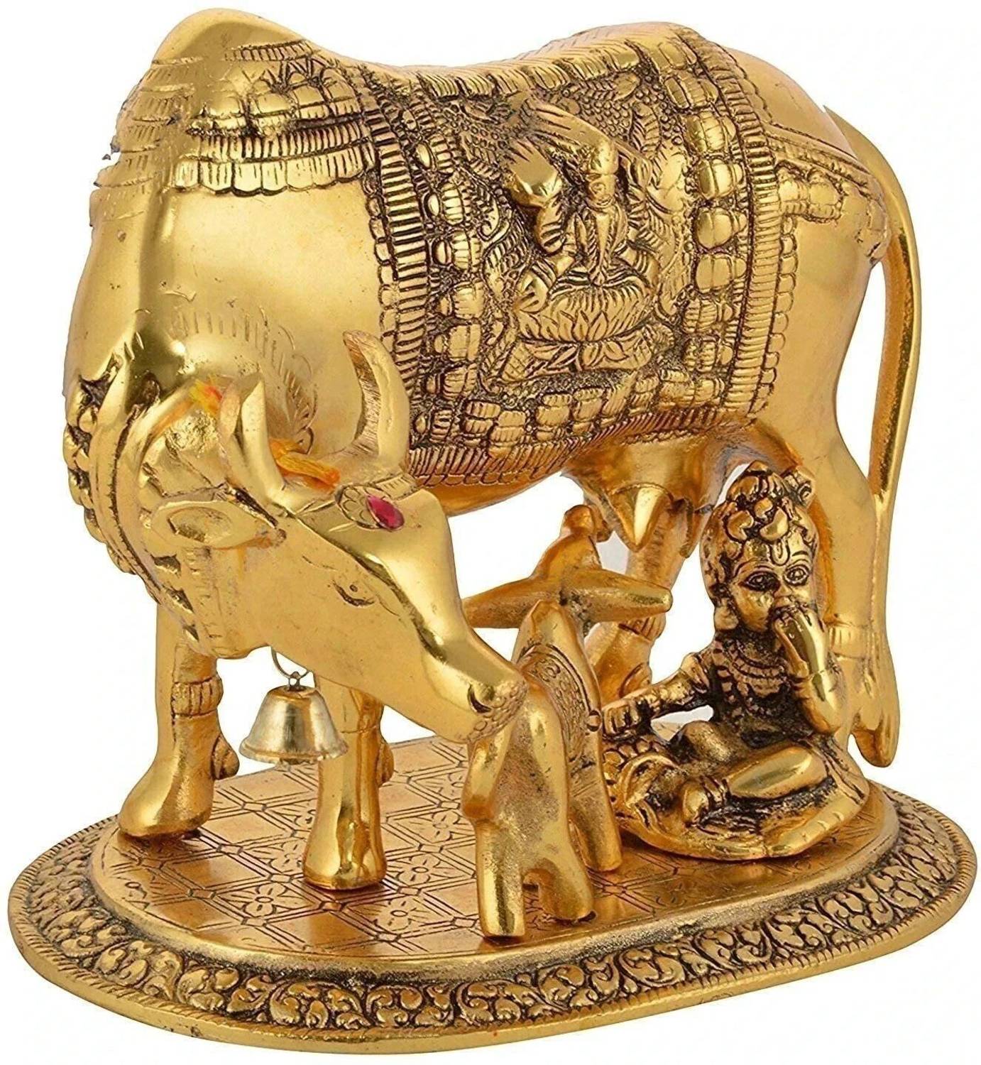 AARSHI CREATION Kamdhenu Cow and Calf with Krishna Idol Hindu Figurine for Home Temple Decorative Showpiece - 14 cm