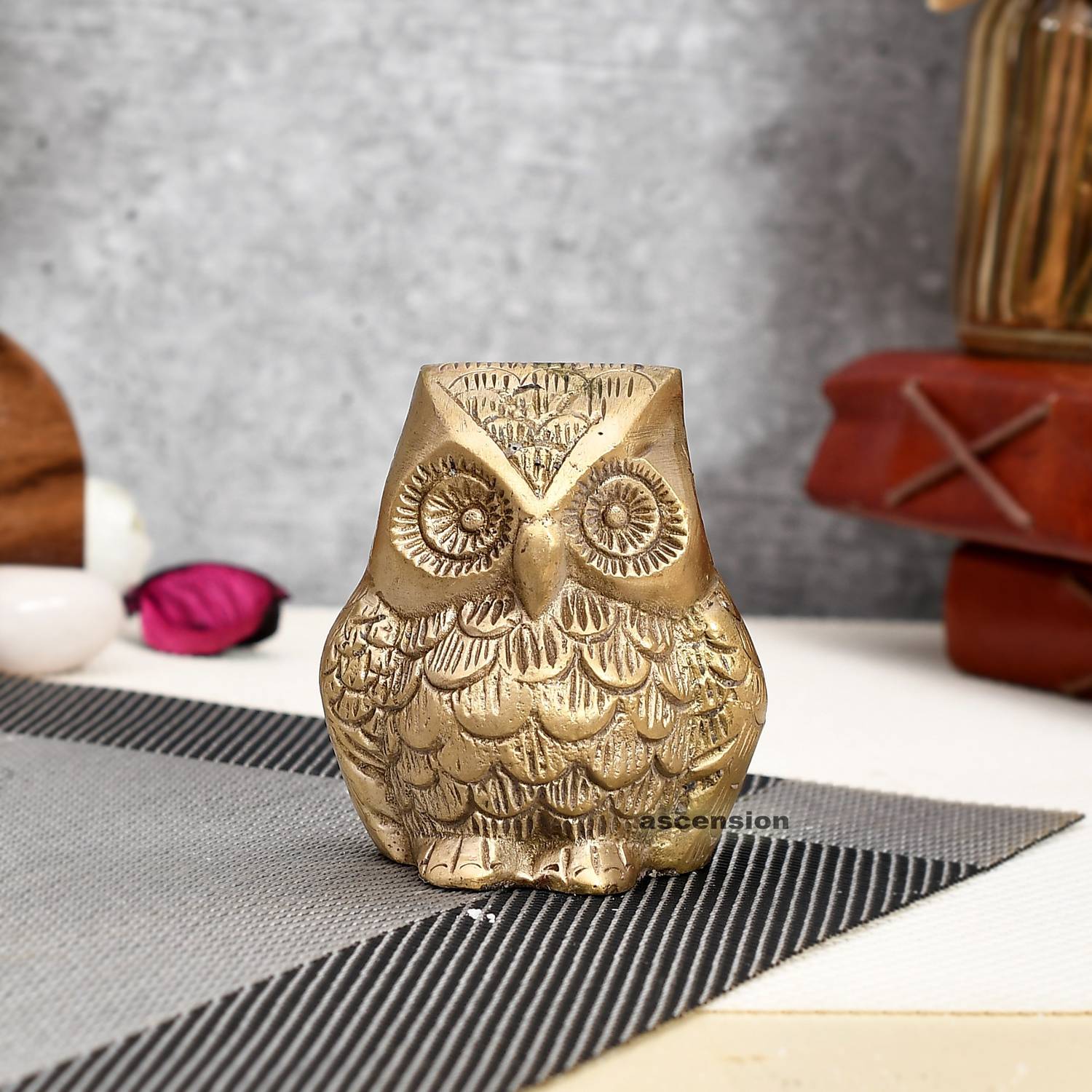 Ascension Brass Owl Decorative Showpiece Item Statue for Table Decor of Your Office Decorative Showpiece  -  6.5 cm