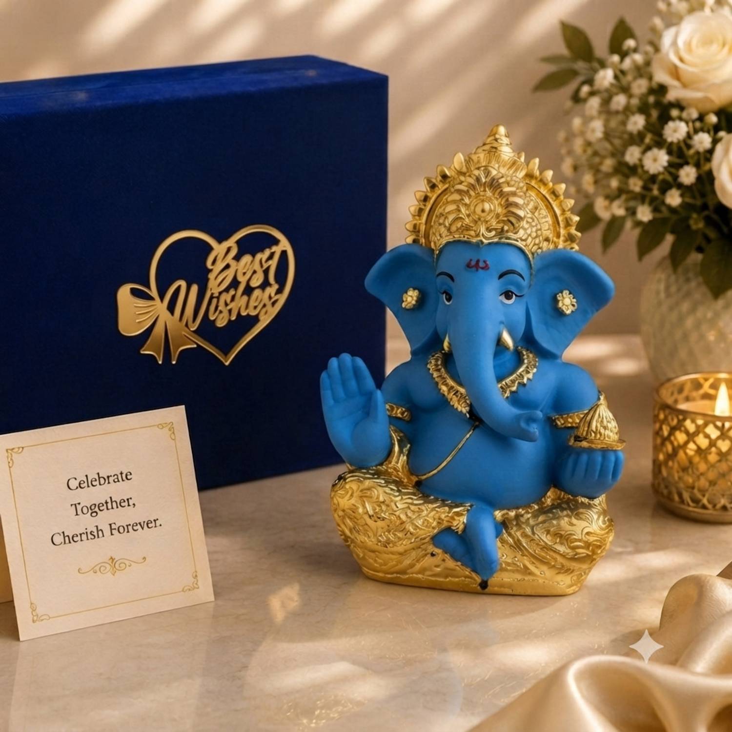 STARLIGHT Resin Ganpati Idol Blue, Gold Plated, Velvet Box, Bag & Wishes Tag Decorative Showpiece - 5 cm