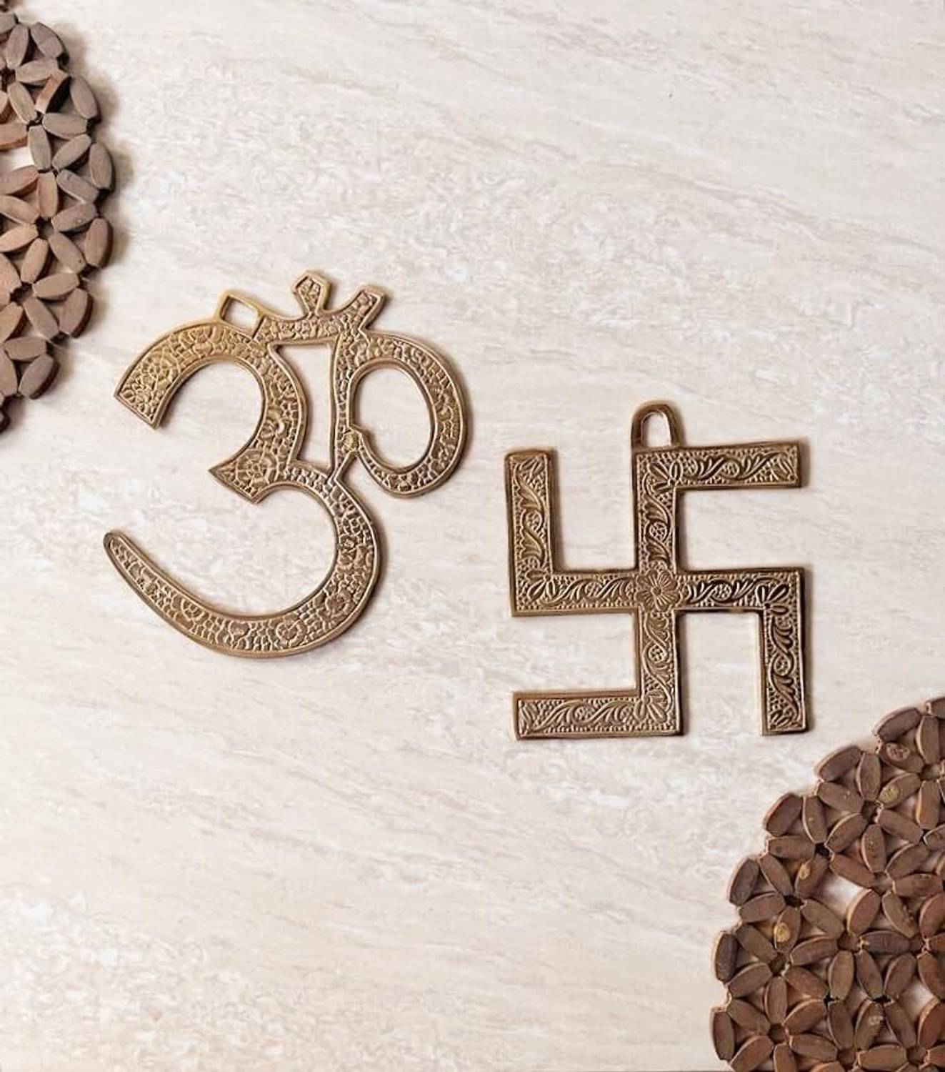 amishi blissful decor Religious Symbol OM Swastika Combo Brass Wall Hanging Home Office Decor Decorative Showpiece  -  11 cm