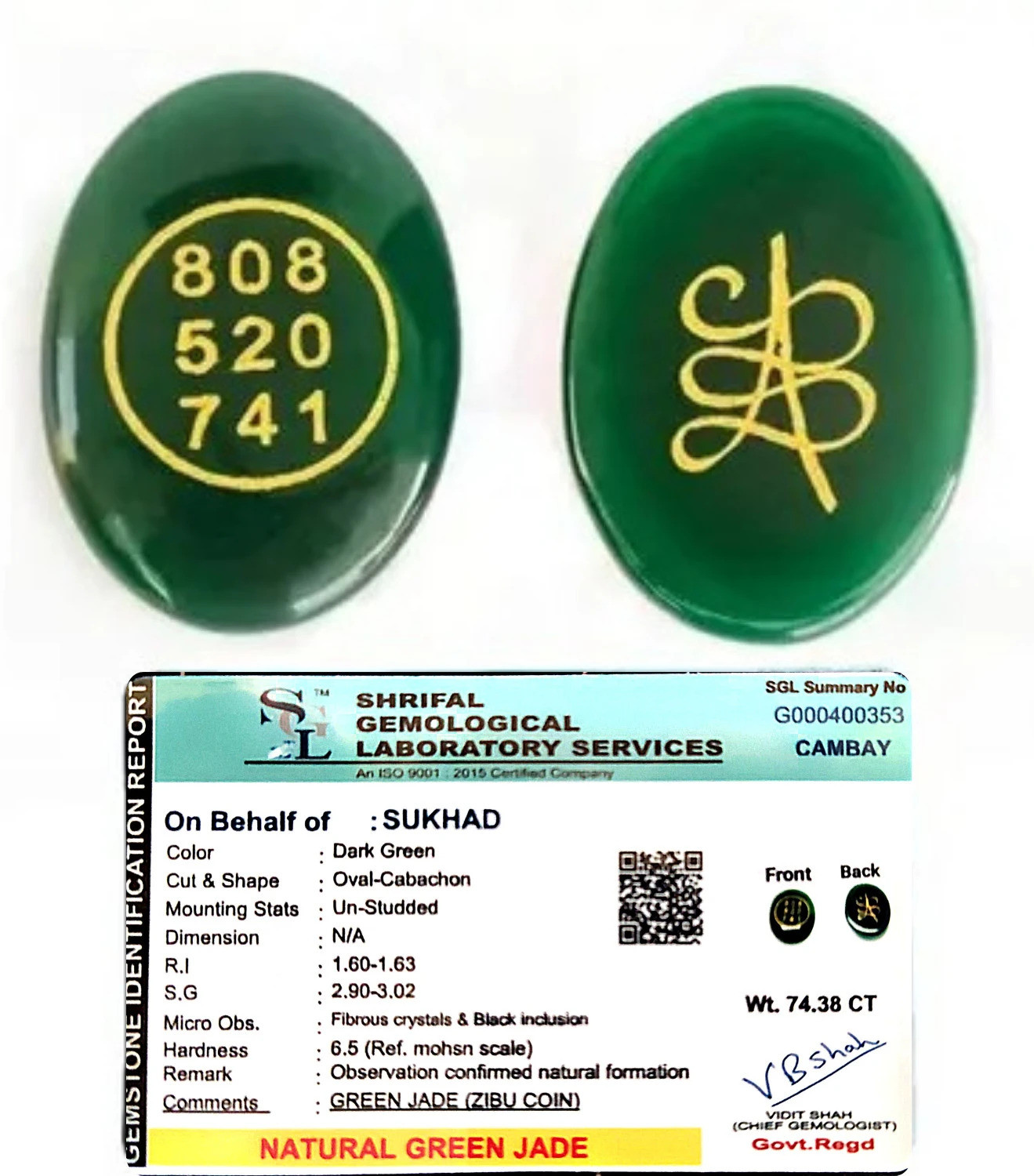 Image of SUKHAD Green Jade Zibu Symbols Coin With Lab Certificate to Attract Money and Wealth Decorative Showpiece - 4 cm