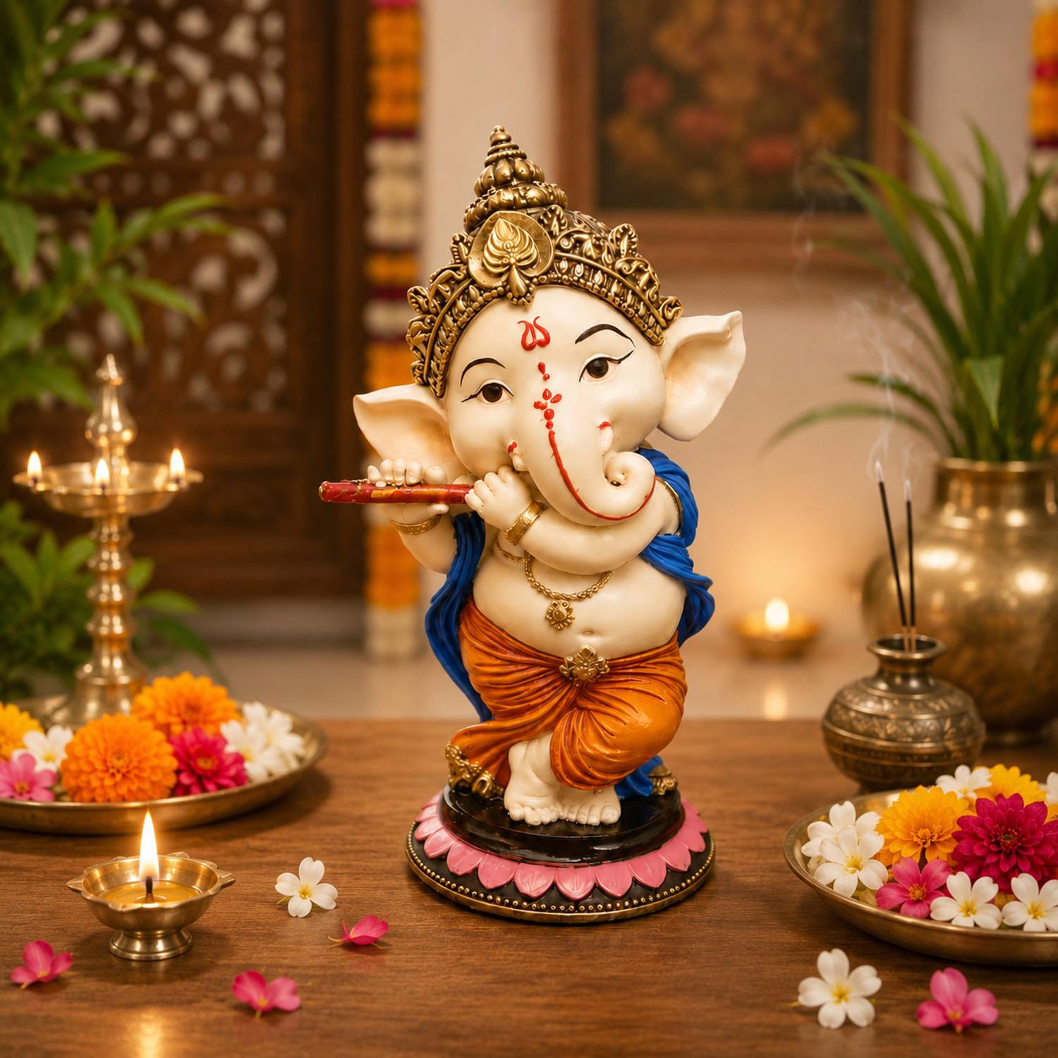 ASSASSIN 4-Inch Flute Ganesha Car Dashboard Idol | Cute Bal Ganpati Murti Decorative Showpiece  -  10 cm