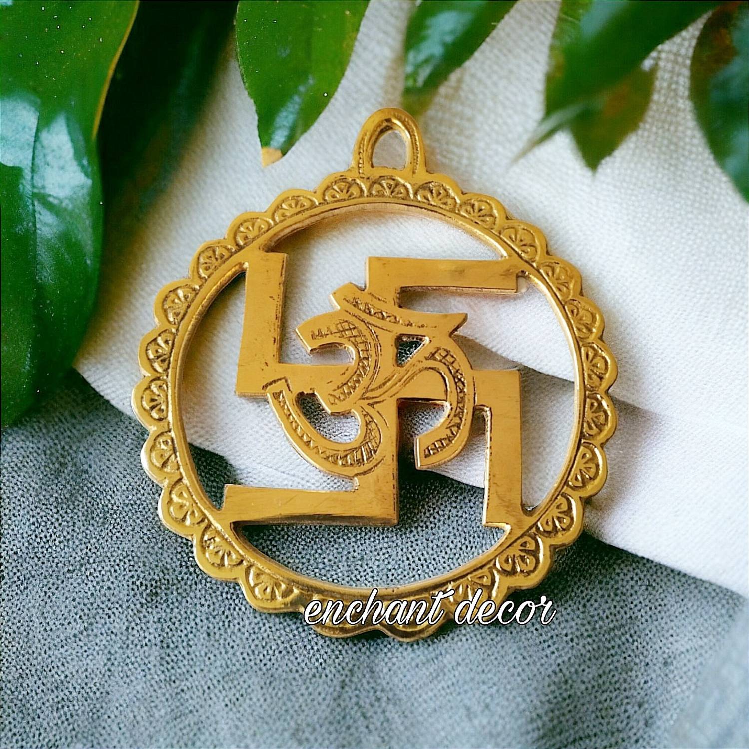 Asha Enchant Decor Symbol Om Swastik Wall Hanging Antique Finish Gift Vastu Good Luck Prosperity Decorative Showpiece - 12 cm