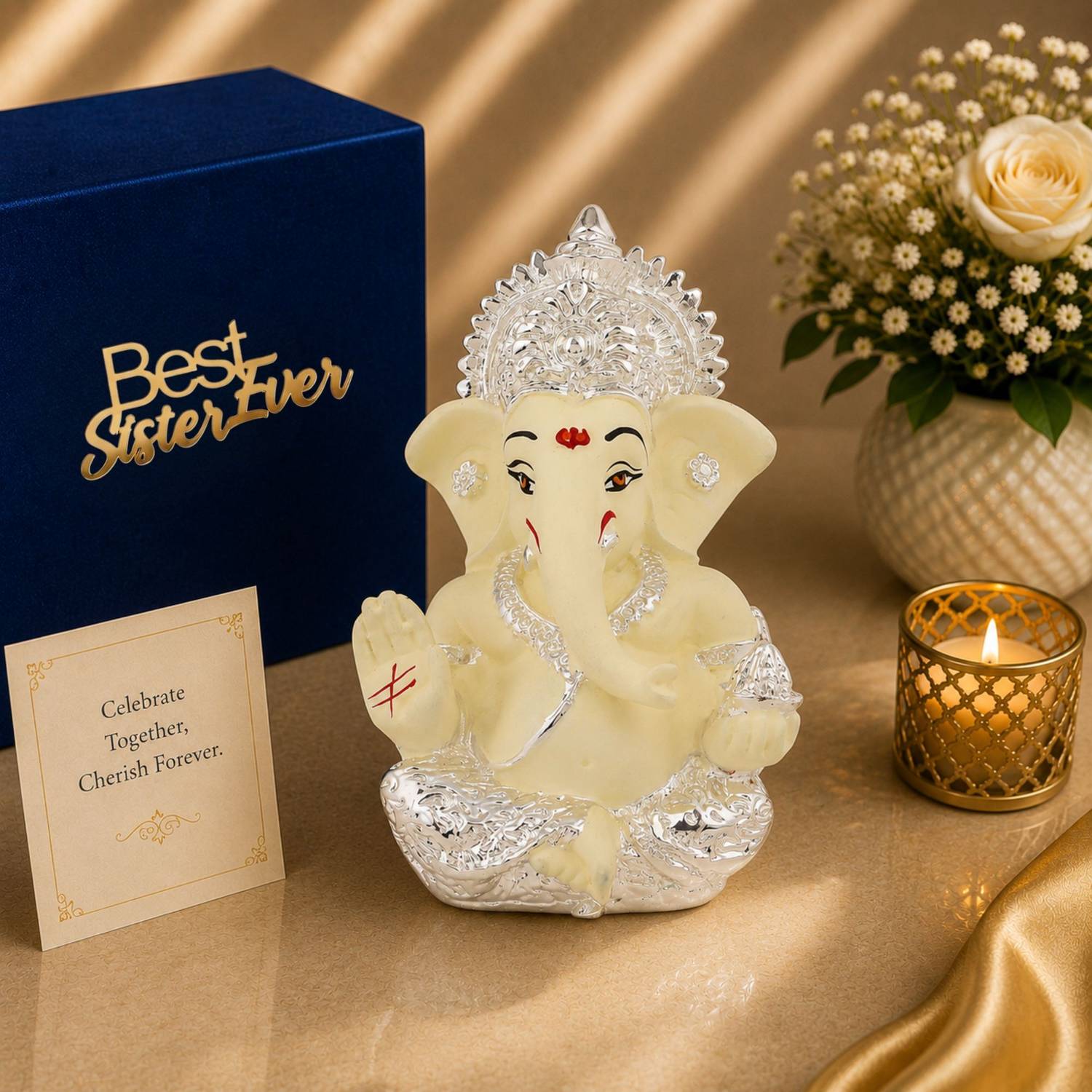 STARLIGHT Resin Ganpati Idol Cream, Silver Plated, Velvet Box, Bag & Sister Tag Decorative Showpiece - 5 cm