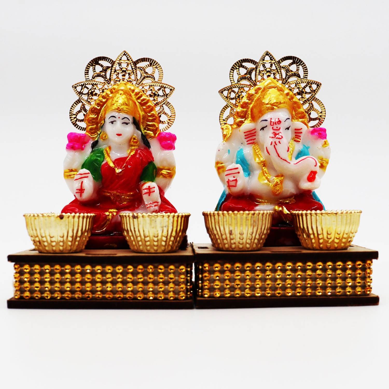 Aamrkoot Ceramic Divine Festive Collections Mini Ganesh and Lakshmi Idols Decorative Showpiece  -  10 cm