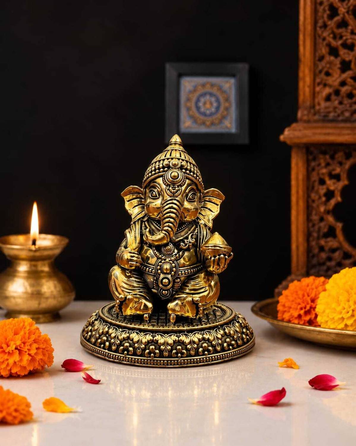 Pooja Silver Art Pure Brass Handcrafted Bal Ganesha Idol Showpiece for Home Decor & Pooja Decorative Showpiece - 5.5 cm