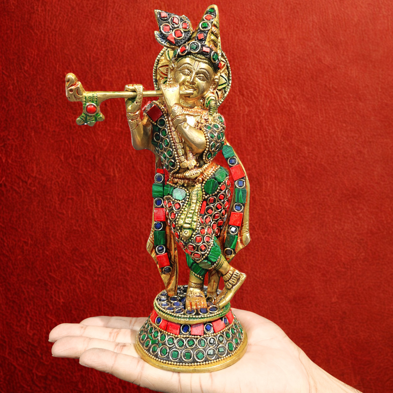 Image of Craftcart Krishna Brass Idol Statue Murti | Stonework | 100% Brass | w: 1.5 Kg | Decorative Showpiece - 26 cm
