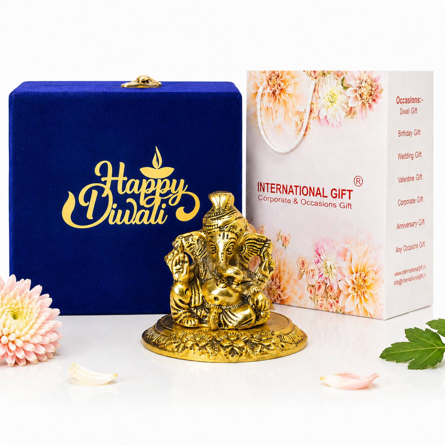 STARLIGHT Metal Gold Ganpati Statue with Happy Diwali Tag & Blue Box Decorative Showpiece - 14 cm