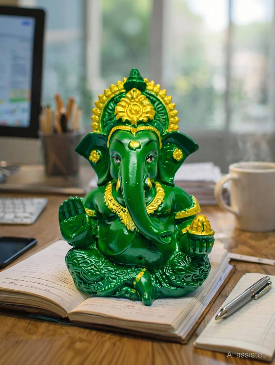 Tanvi creations Lord Ganpati Murti for Home, Office, Car Dashboard & Pooja – Gold Finish Decorative Showpiece - 9 cm