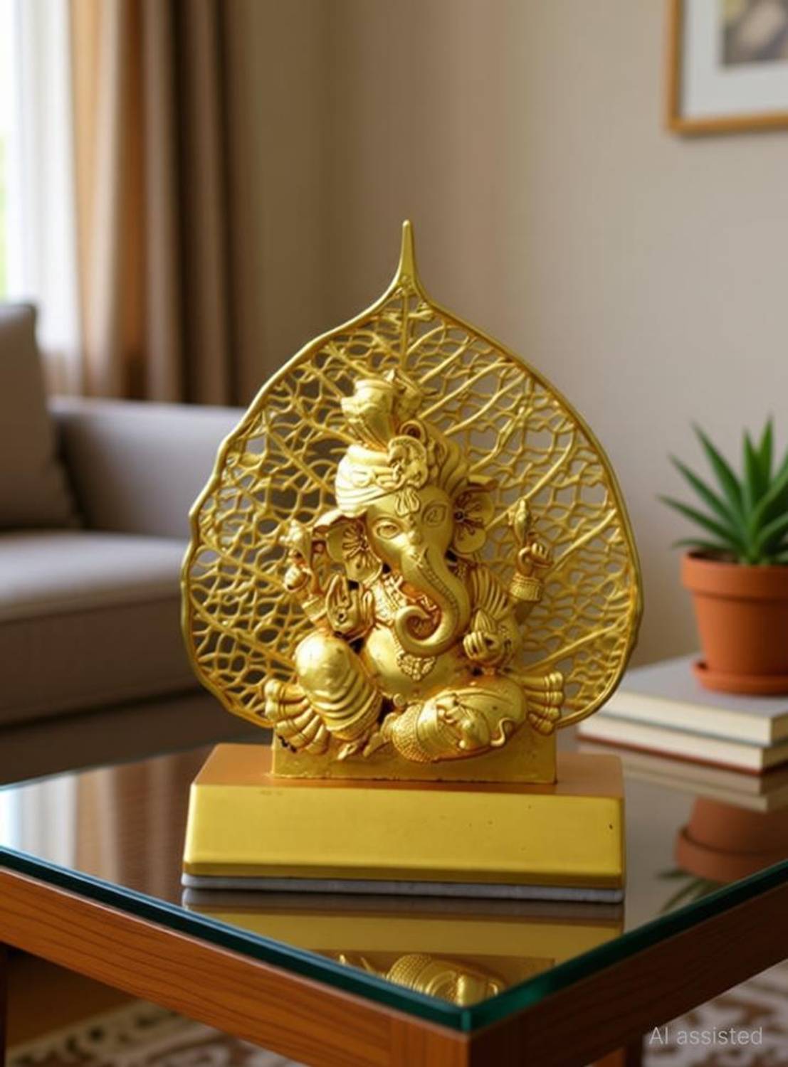Saugat Traders Small Ganesh Idol for Car Dashboard, Home Temple - Golden Ganesha Idol Decorative Showpiece - 9 cm