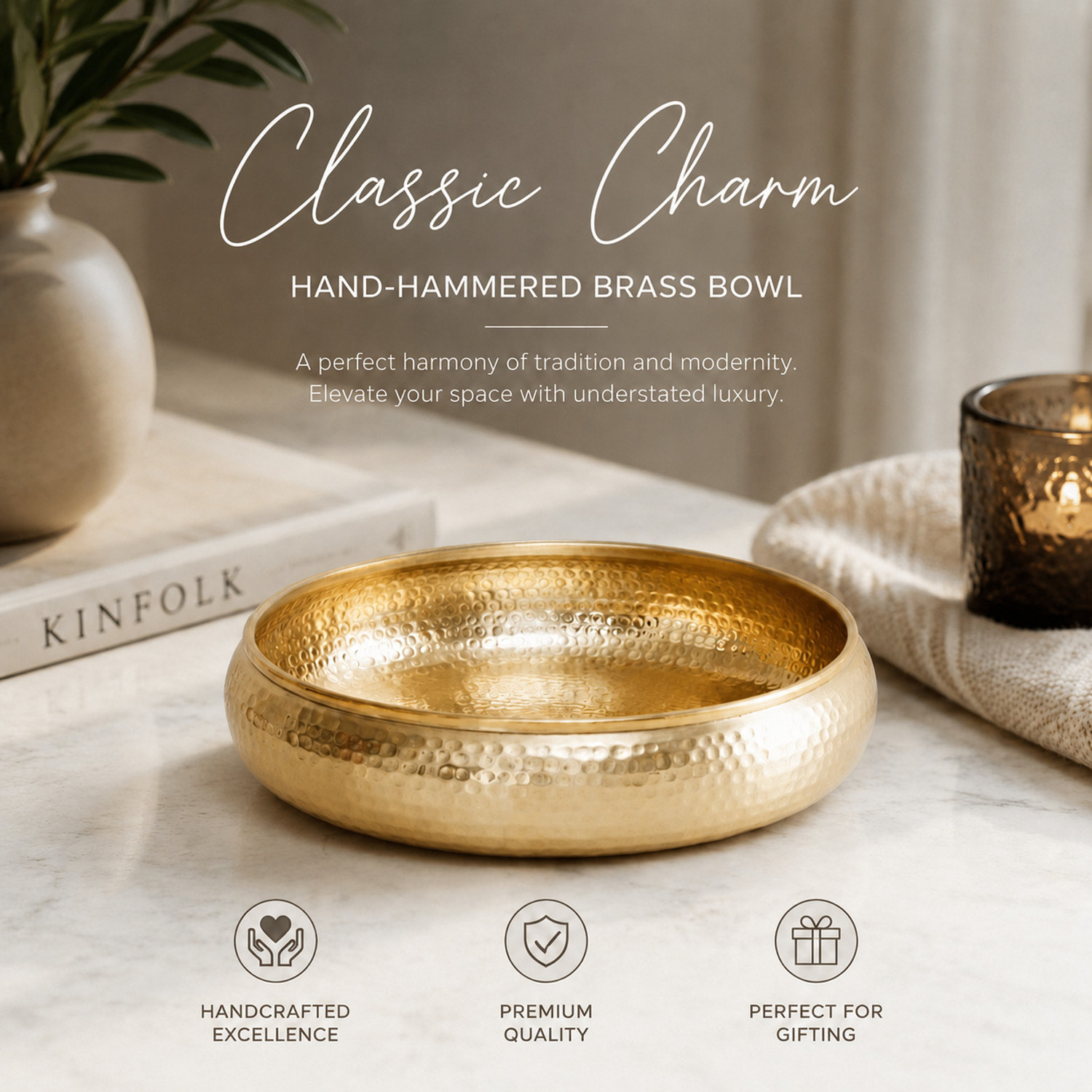 Image of BrassIndustry Handcrafted 8 Inch Hammered Metal Gold Urli Bowl for Decor Decorative Showpiece - 6.35 cm