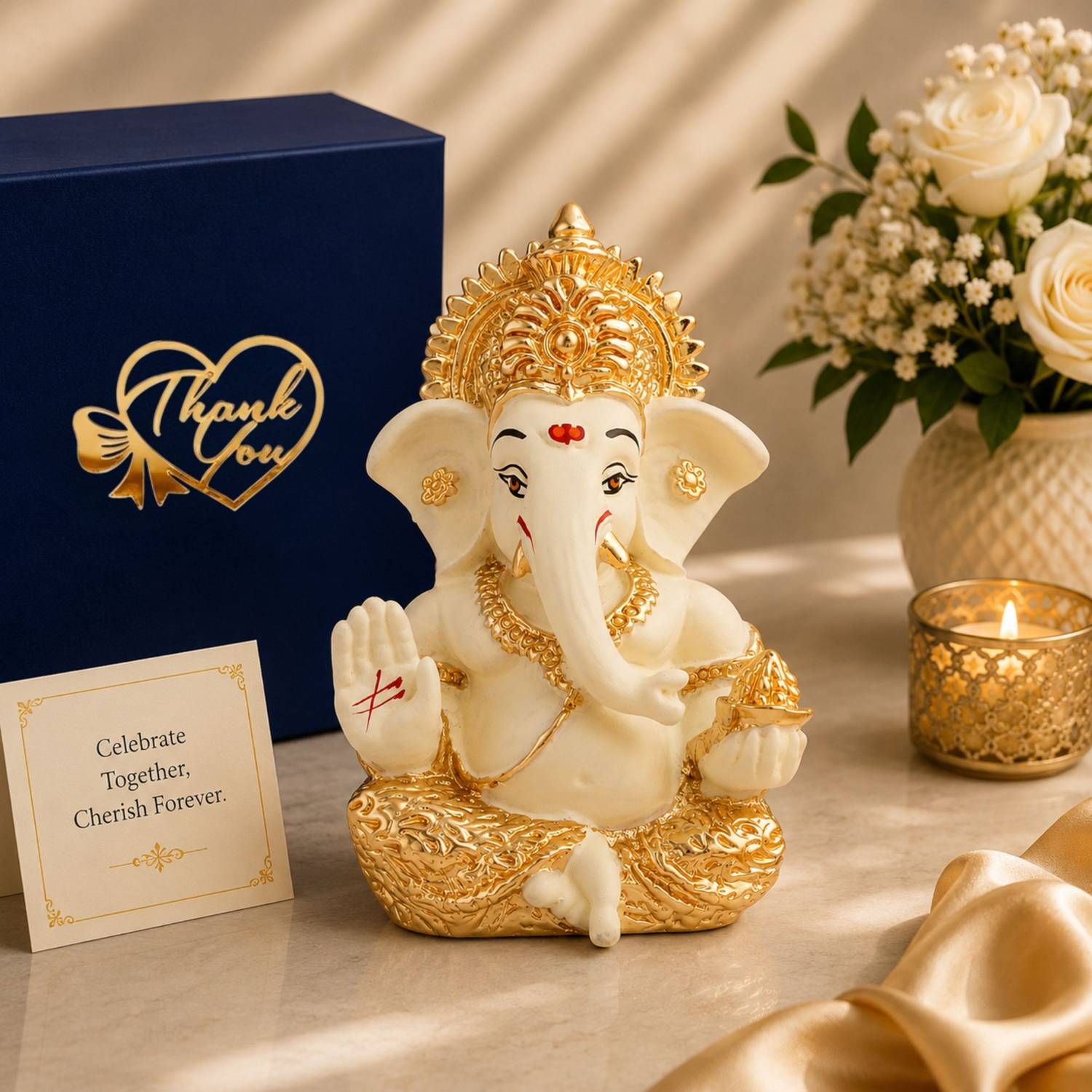 STARLIGHT Resin Ganpati Idol Cream, Gold Plated, Velvet Box, Bag & Thank You Tag Decorative Showpiece - 5 cm