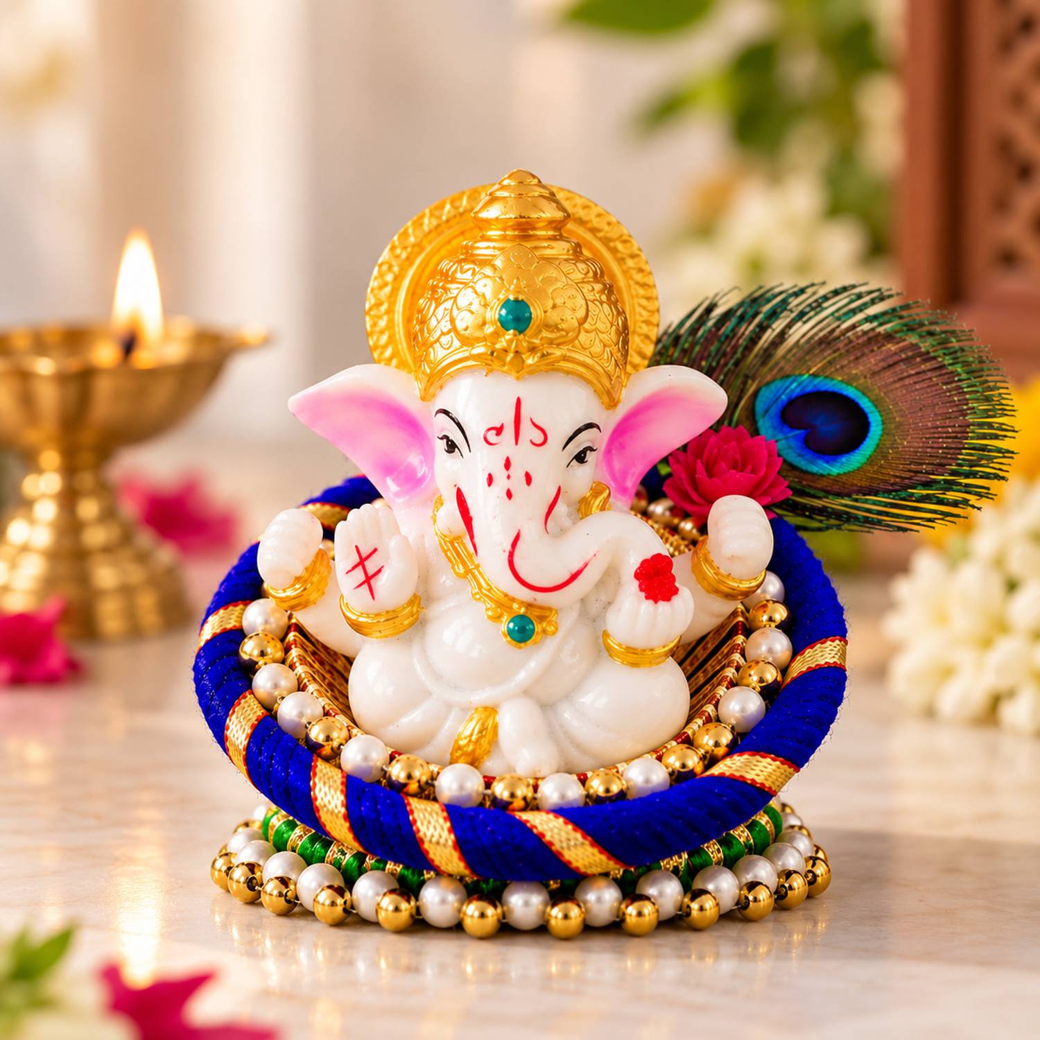 Artisyn Lord Ganesha Idol on Decorative Handcrafted Floral Plate for Home and Car Decorative Showpiece - 7 cm
