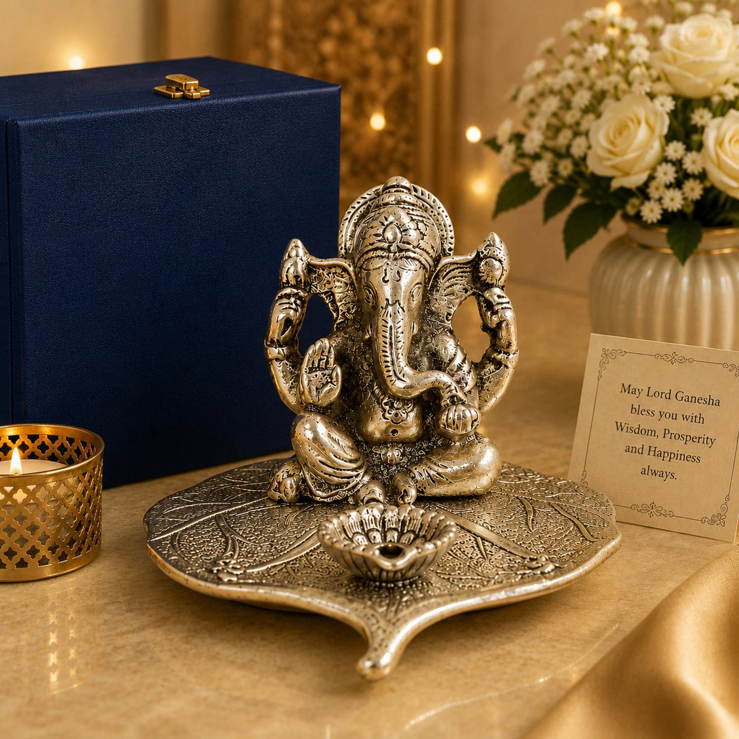 STARLIGHT Silver Finish Vinayaka Patta Ganpati with Plain Velvet Box Decorative Showpiece  -  7 cm