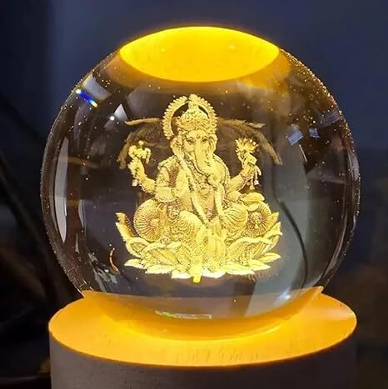 Image of tej 3D Crystal Ganesh Ji Lamp Engraved LED Globe Lamp, USB Wooden Base Decorative Showpiece - 6 cm (Crystal, Clear)
