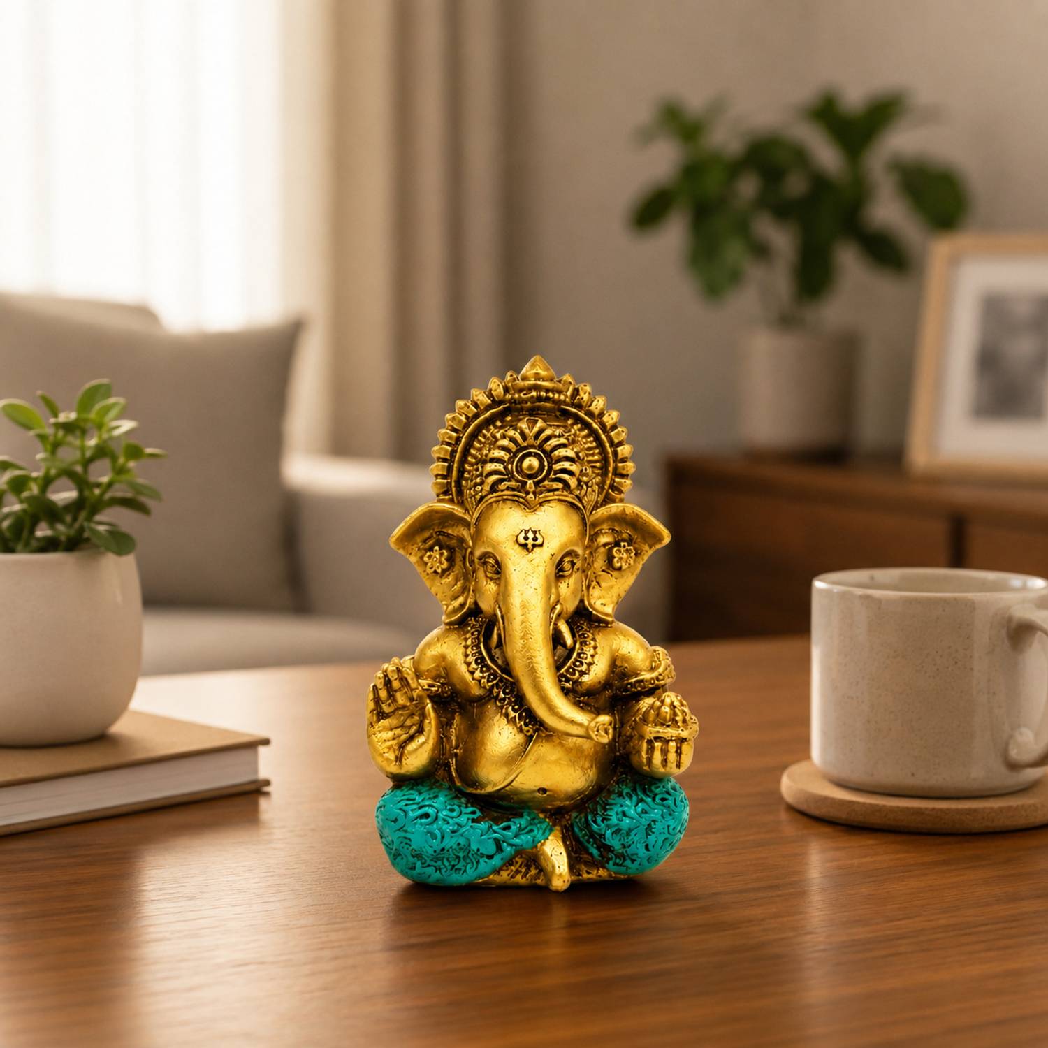RISA TRADERS Premium Golden Ganpati Idol Lord Ganesha Murti for Home Office Car Decor Decorative Showpiece - 10 cm