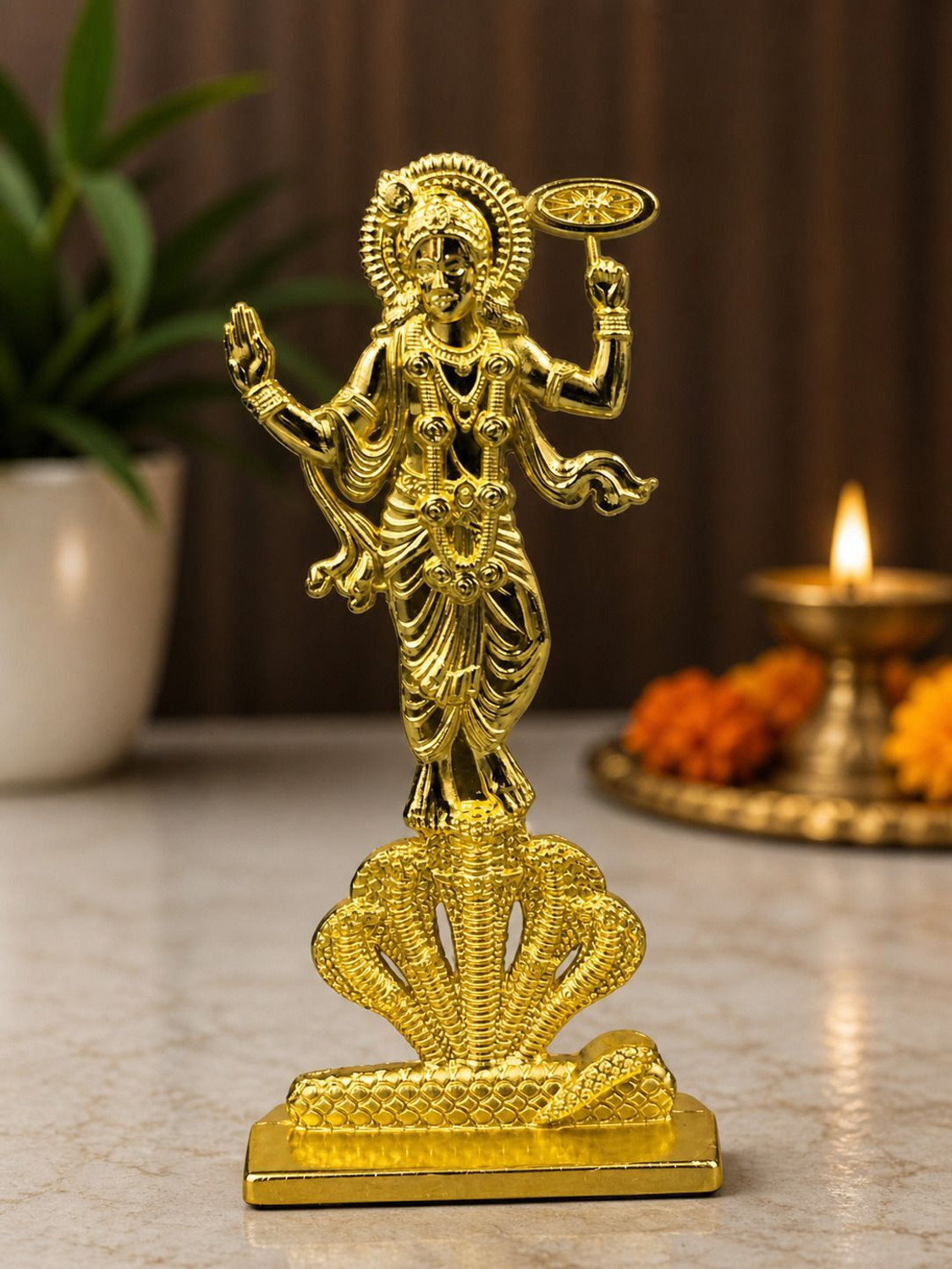 Image of P. R. PRINTS Golden Lord Vishnu Idol with Sheshnag for Car Dashboard, Home Temple & Office Decorative Showpiece - 10 cm