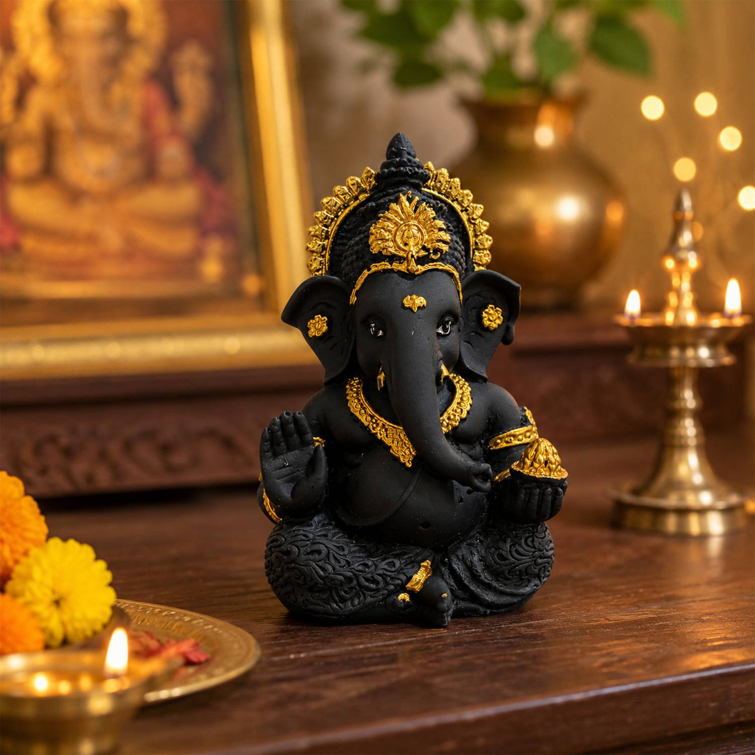 hari darshan Divya Murti Black & Gold Ganesh Idol Ganesha Murti with Gold Accents Decorative Showpiece  -  8.5 cm