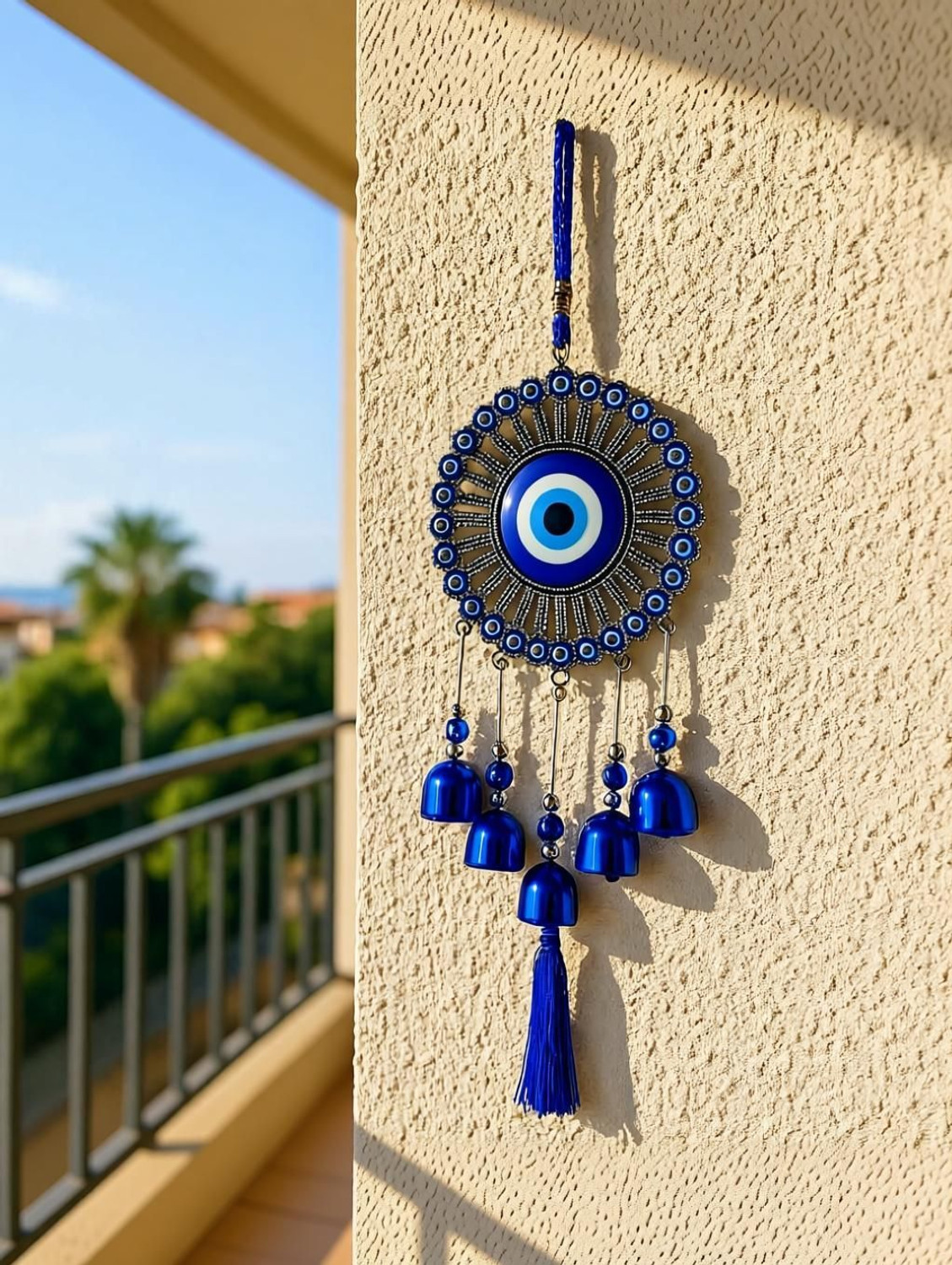 Image of sculpmart Evil Eye Wind Chime with 5 Bells,Tassel(Latkan) & 31 Small Evil Eyes For Hanging Decorative Showpiece - 35 cm