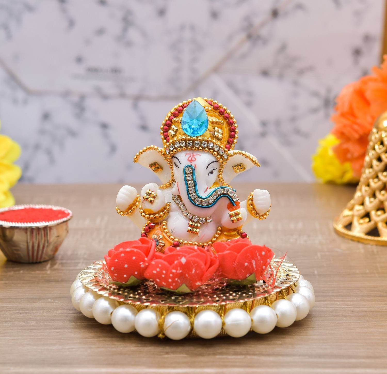 visionecomm Lord Ganesha Idol Figurine Showpiece Sculpture Hindu Polyresin Car Dashboard Decorative Showpiece - 9 cm