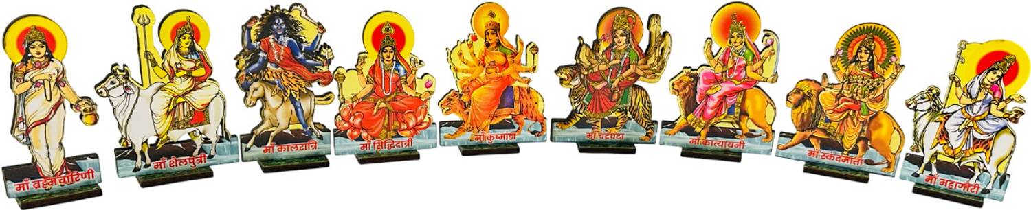 radhe creation Set of 9 Pieces Nav Durga Wooden MDF Set for Navratri Special Decoration Decorative Showpiece  -  8 cm