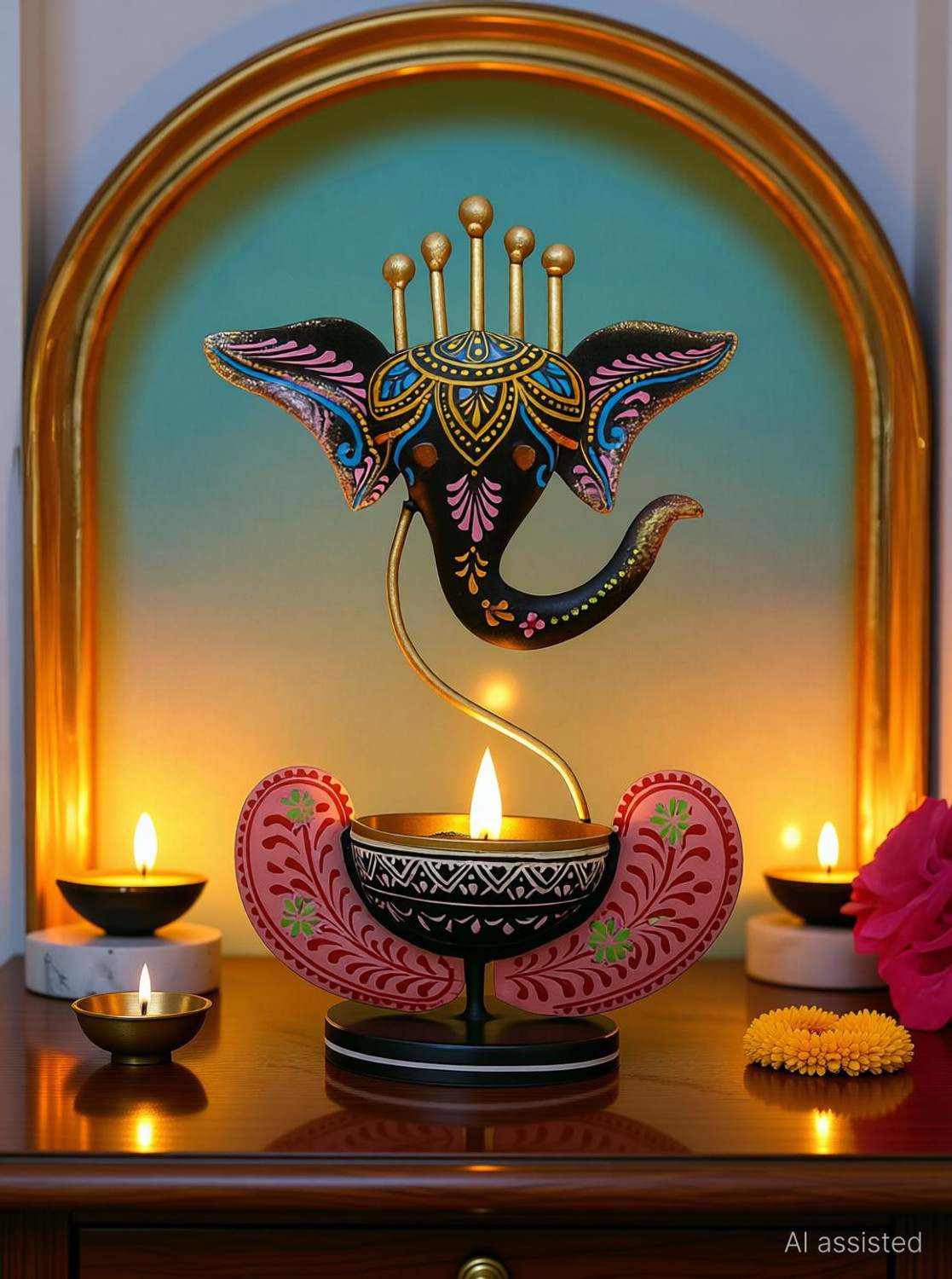 Image of Handicrafy Metal Ganesha Tealight Candle Holder Decorative Showpiece - 28 cm