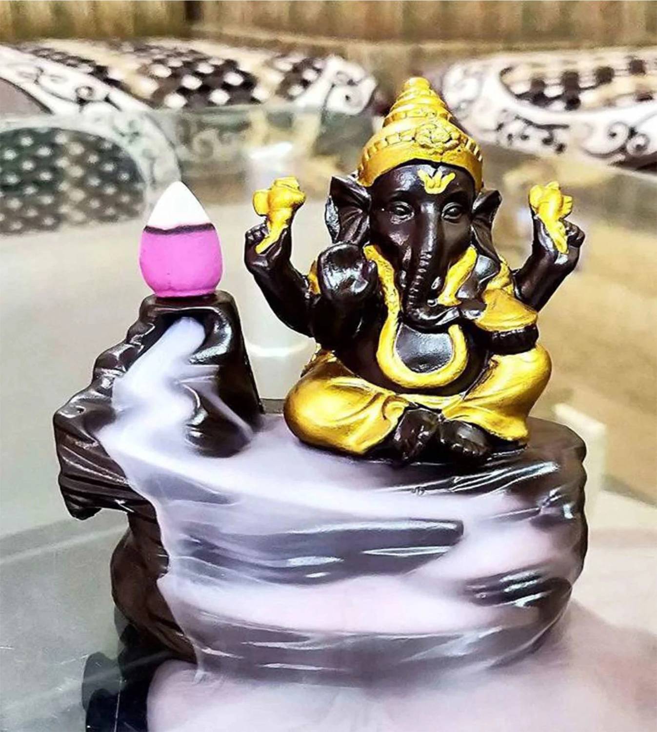 Geniecart Handicrafted Smoke Ganesha Fountain Backflow incense burner & 10 Incense Cone Decorative Showpiece  -  12 cm